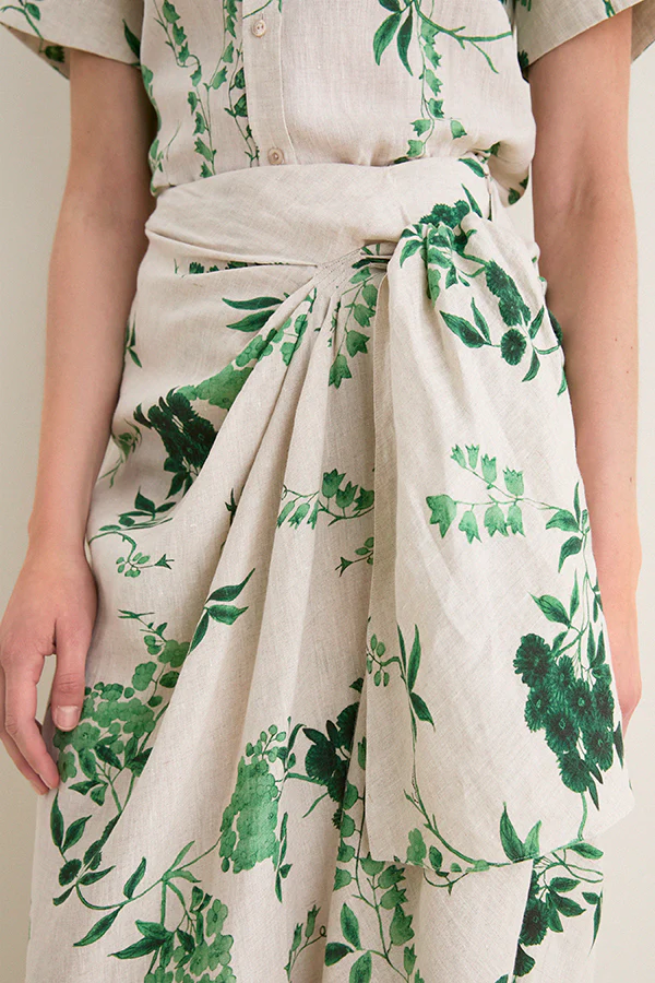 French Chintz Bottle Green Floral Print Linen Drape Midi Skirt - Image 5