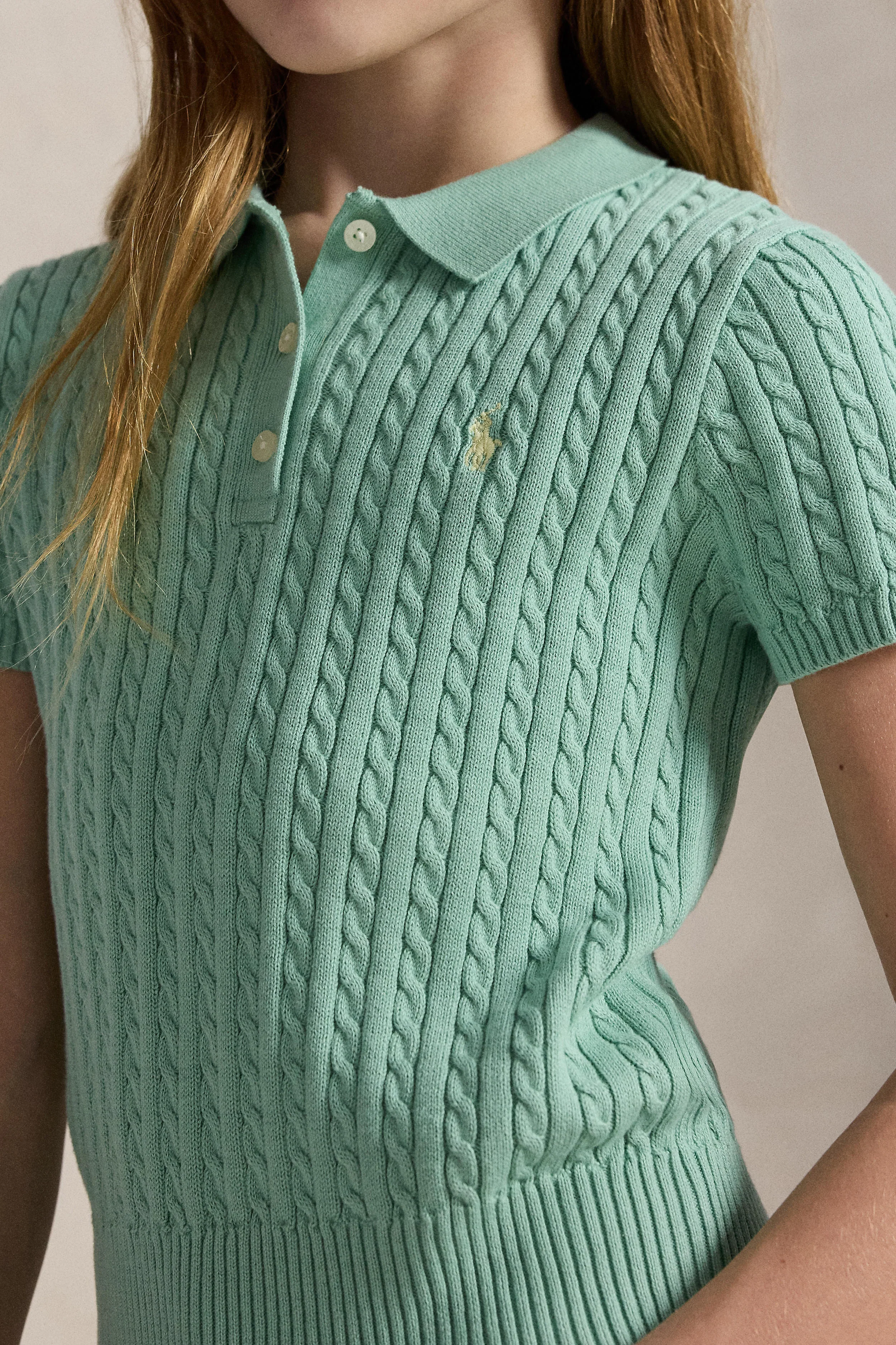 Girls Short-Sleeve Combed Cotton Mini Cable Knit Polo - Image 2