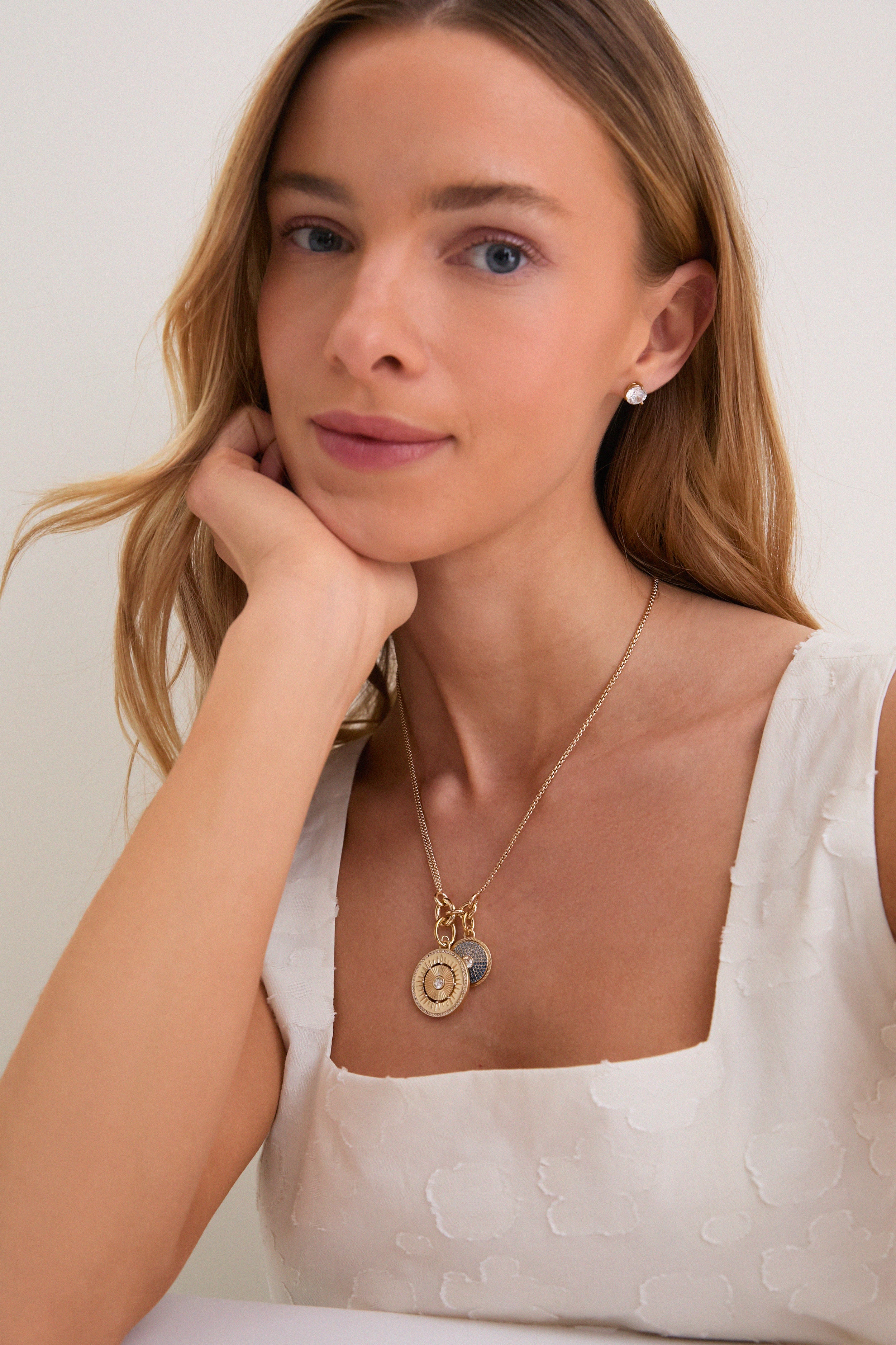 Gold, Clear and Sapphire Multi Strength and Peace Coin Necklace - Image 4