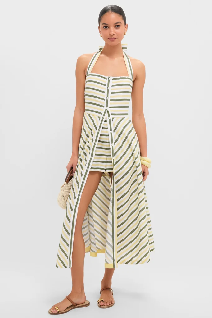 Green and Yellow Stripe Halter Button Down Mirabel Dress and Short Set - Image 2
