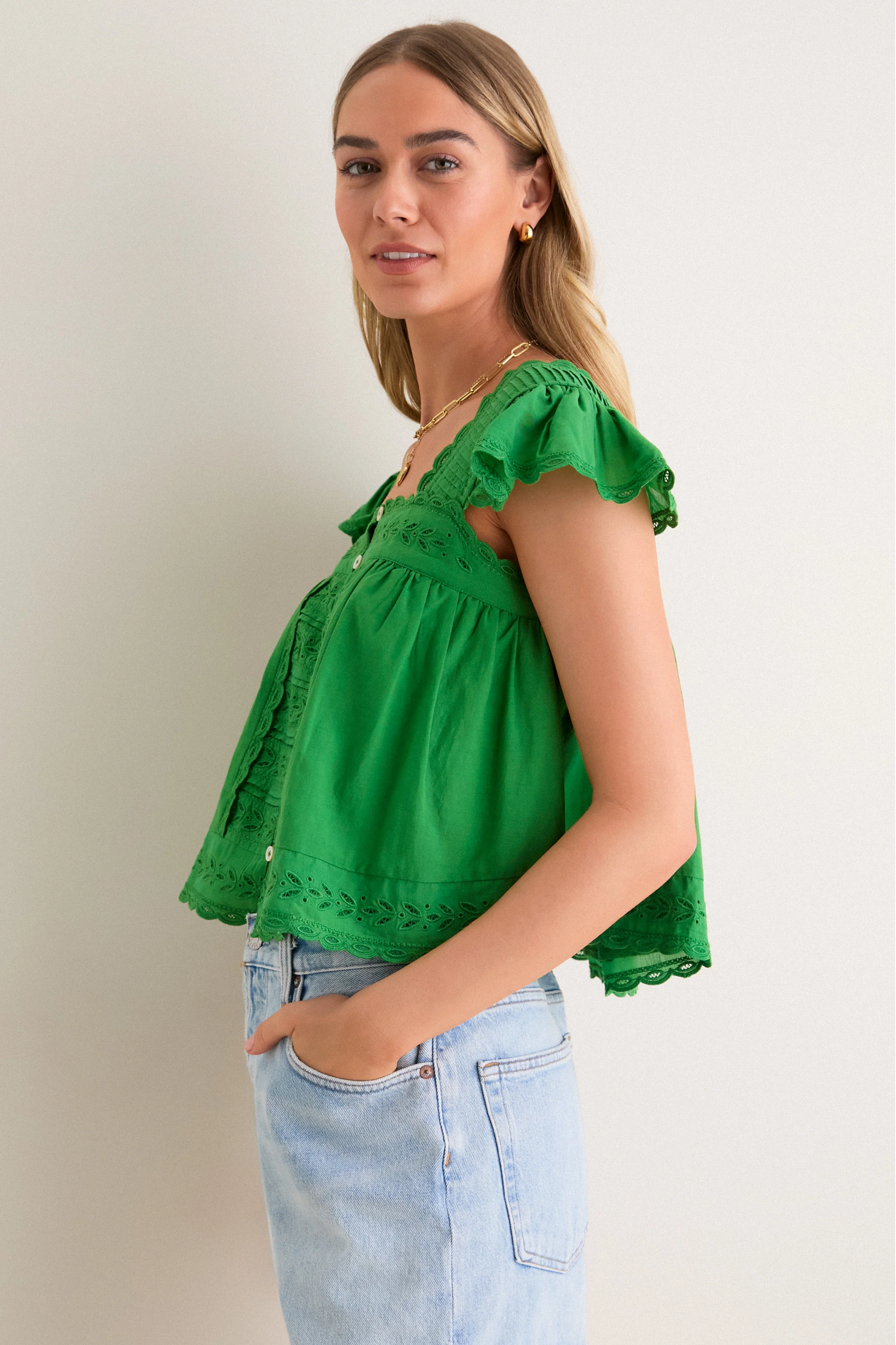 Green Eliza Solid Flutter Sleeve Top - Image 3