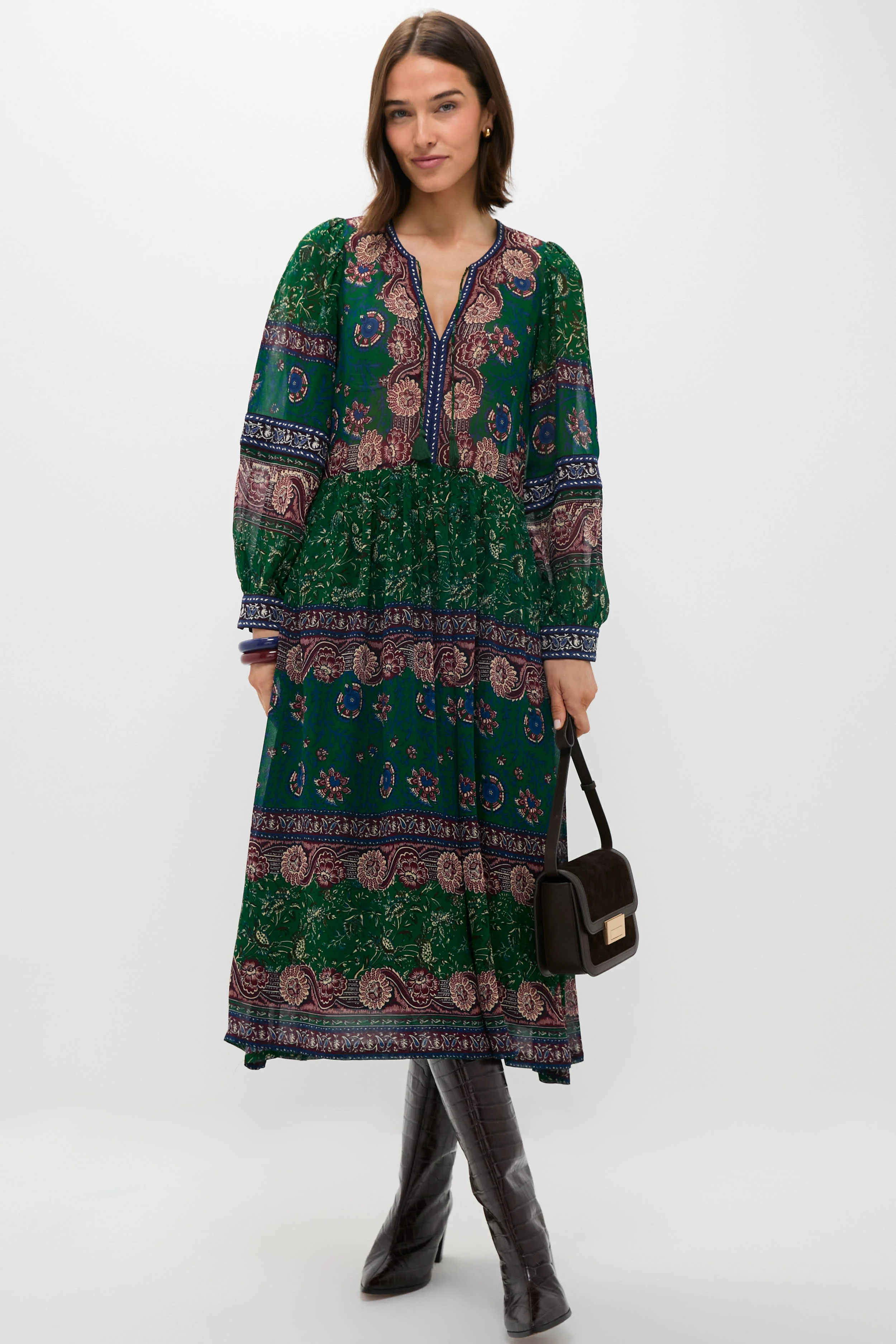 Green Melba Print Long Sleeve Midi Dress