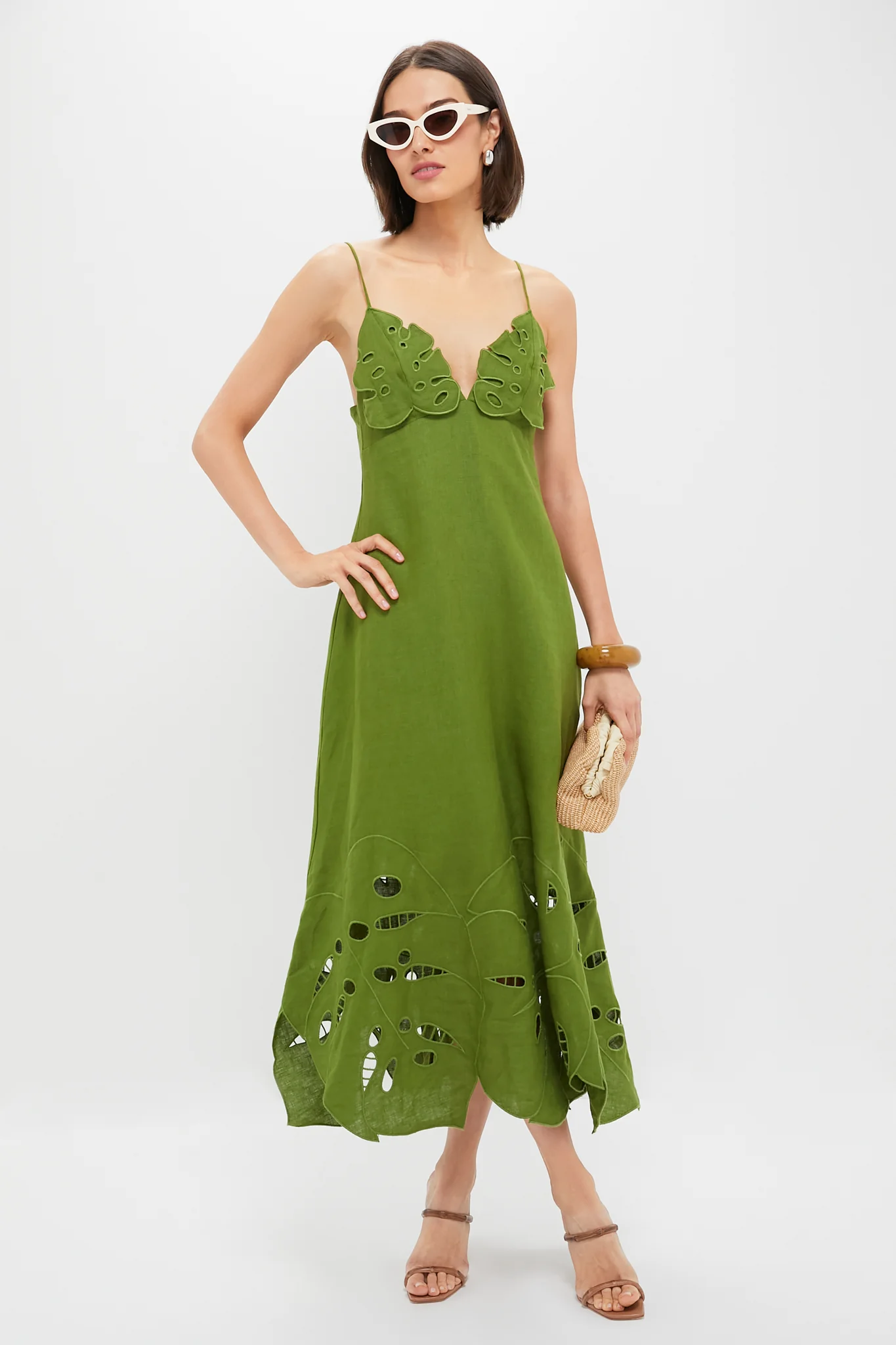 Green Monstera Embroidery Midi Dress - Image 2