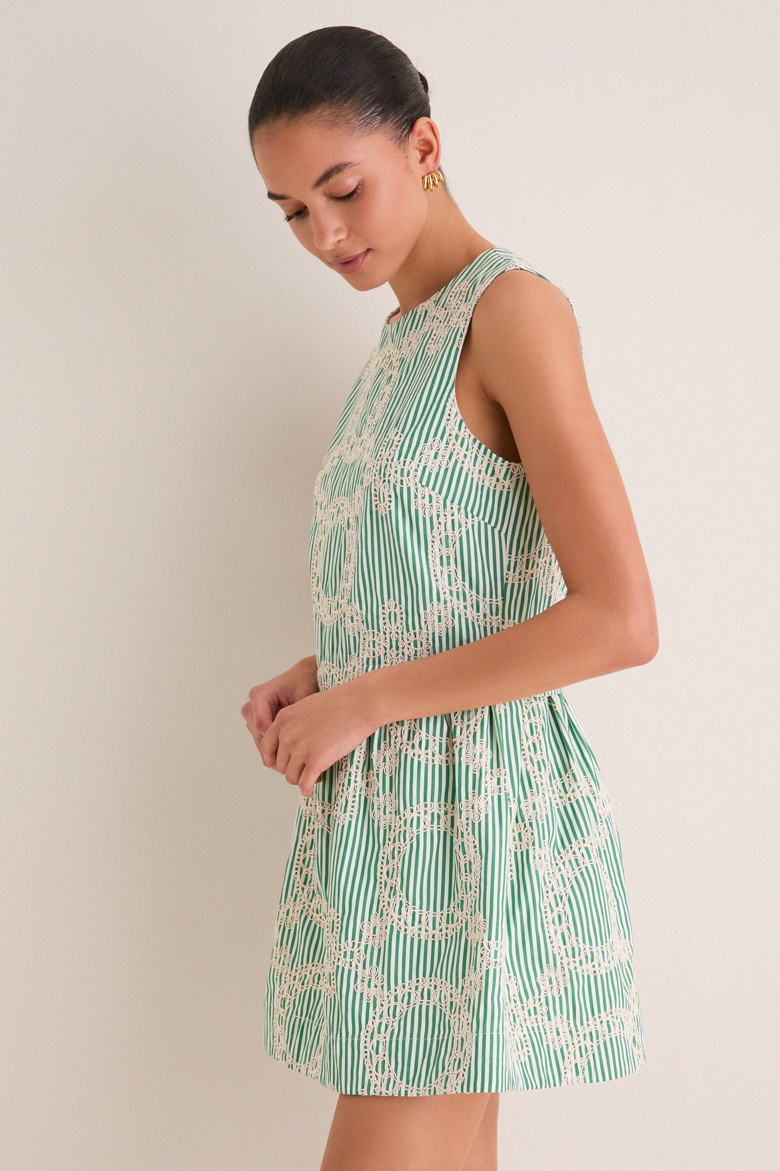 Green Stripe Vintage Embroidery Paige Mini Dress - Image 4