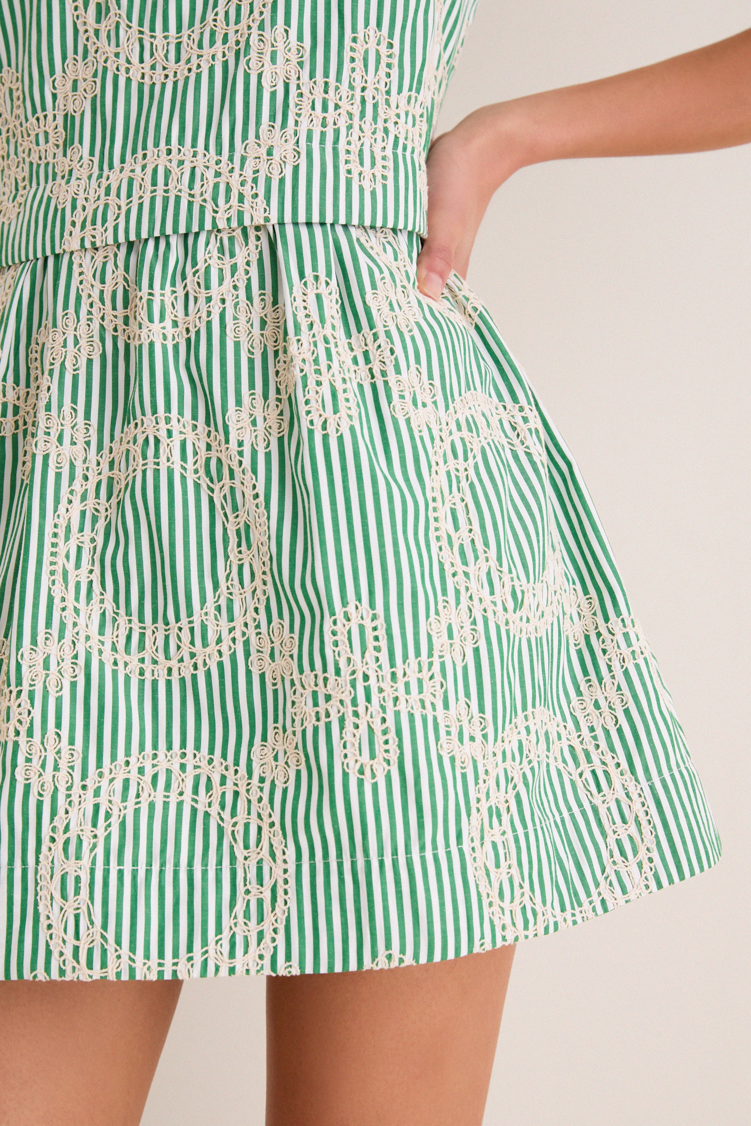 Green Stripe Vintage Embroidery Paige Mini Dress - Image 6