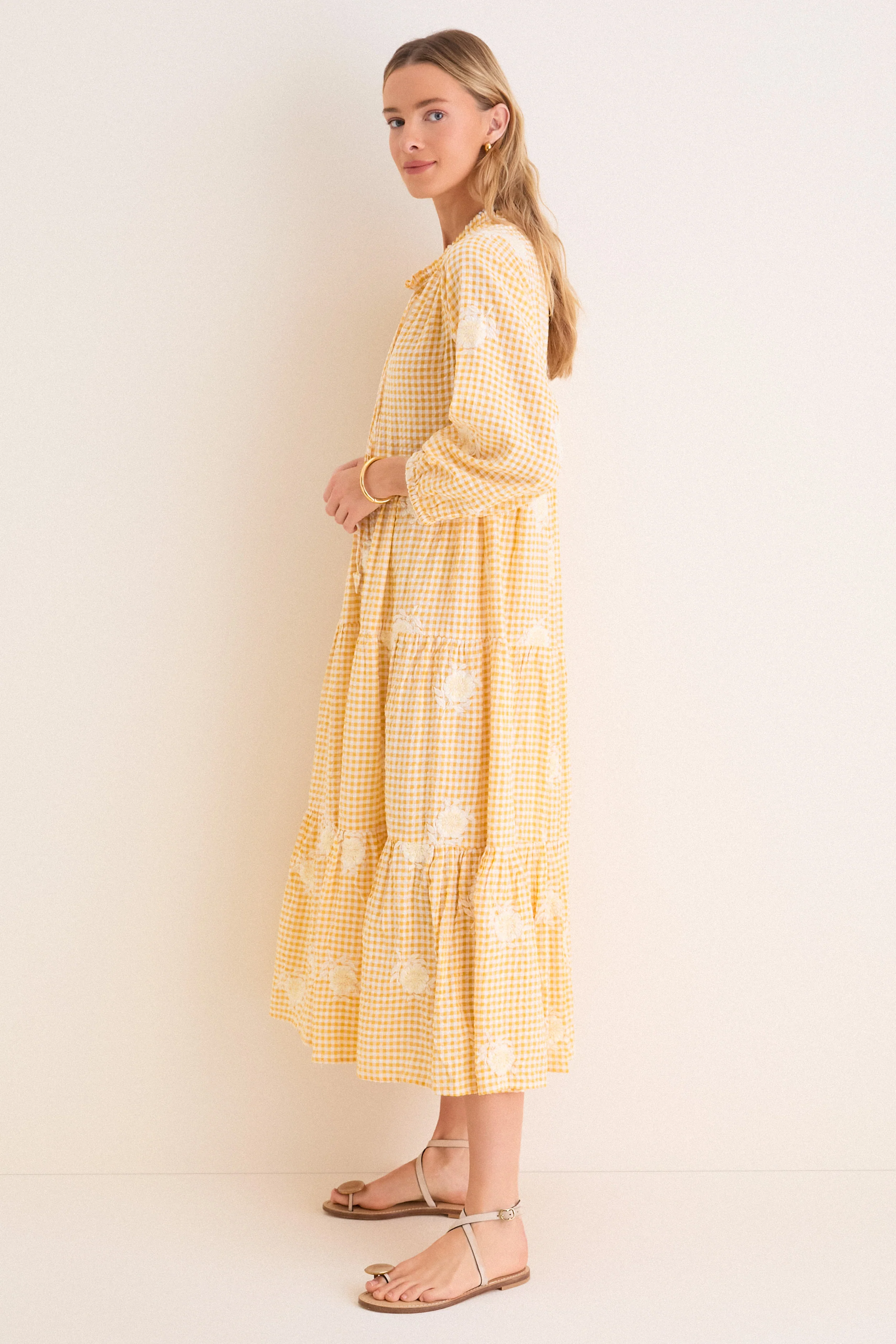 Honey Gingham Embroidered Long Sleeve Salty Paloma Caftan - Image 5