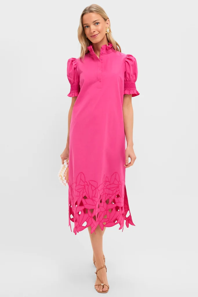 Hot Pink Embroidery Eliza Midi Dress - Image 3