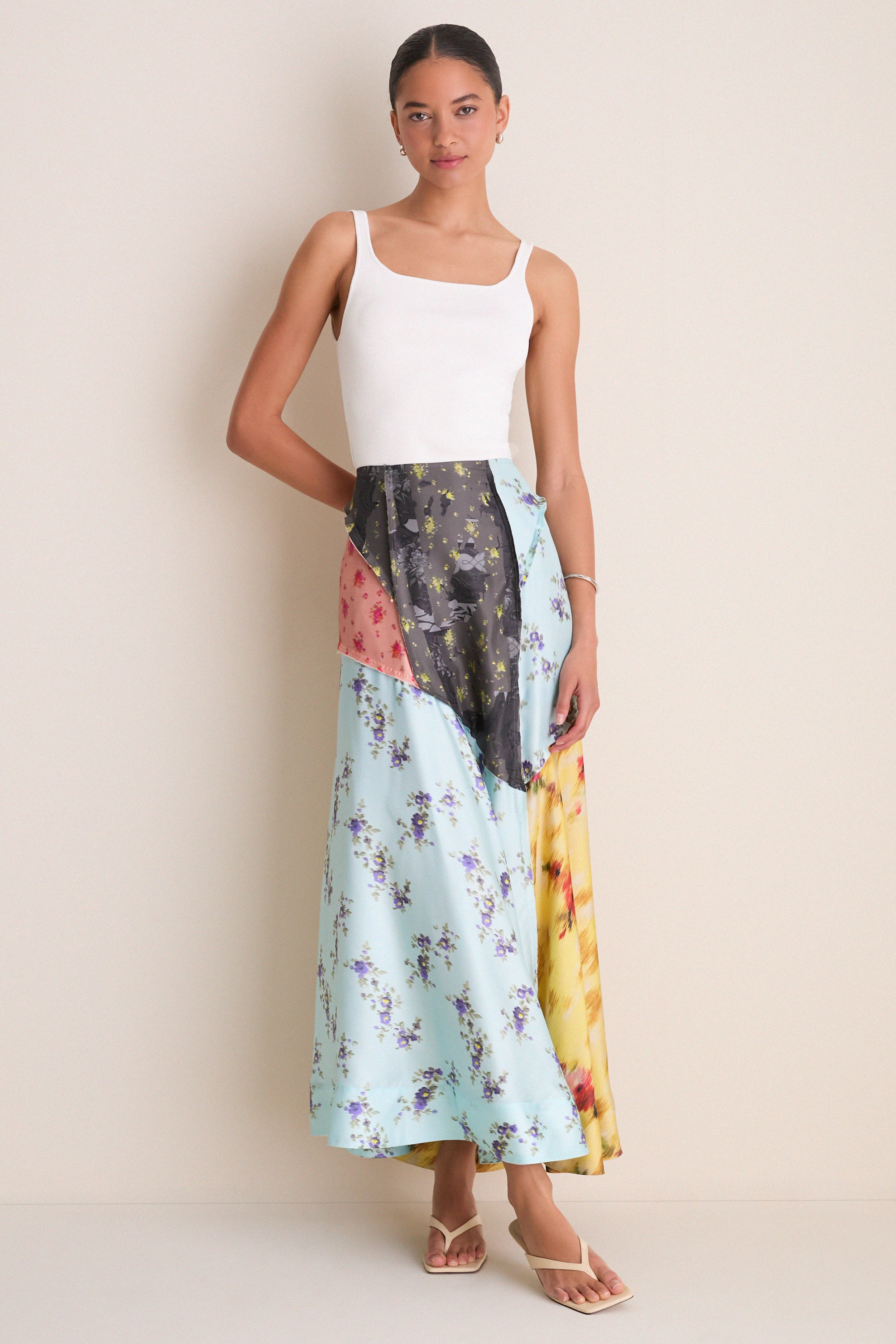 Iced Aqua Multi Printed Silk Twill Fluid Skirt - Image 6