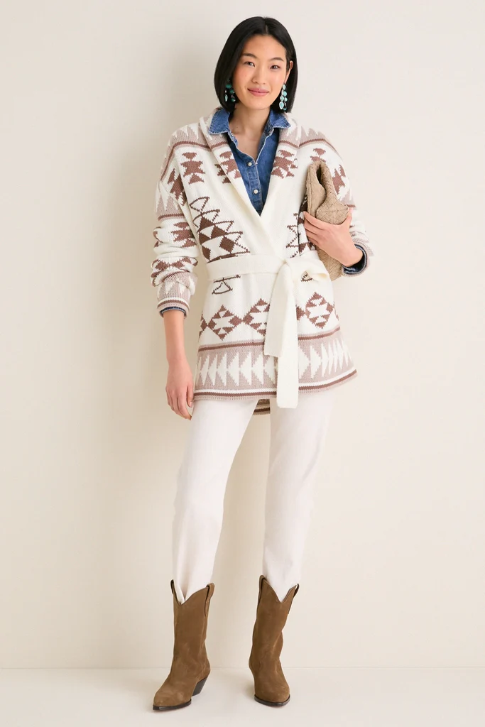 Ivory and Mocha Wool Blend Ranch Teddy Wrap Cardigan - Image 2