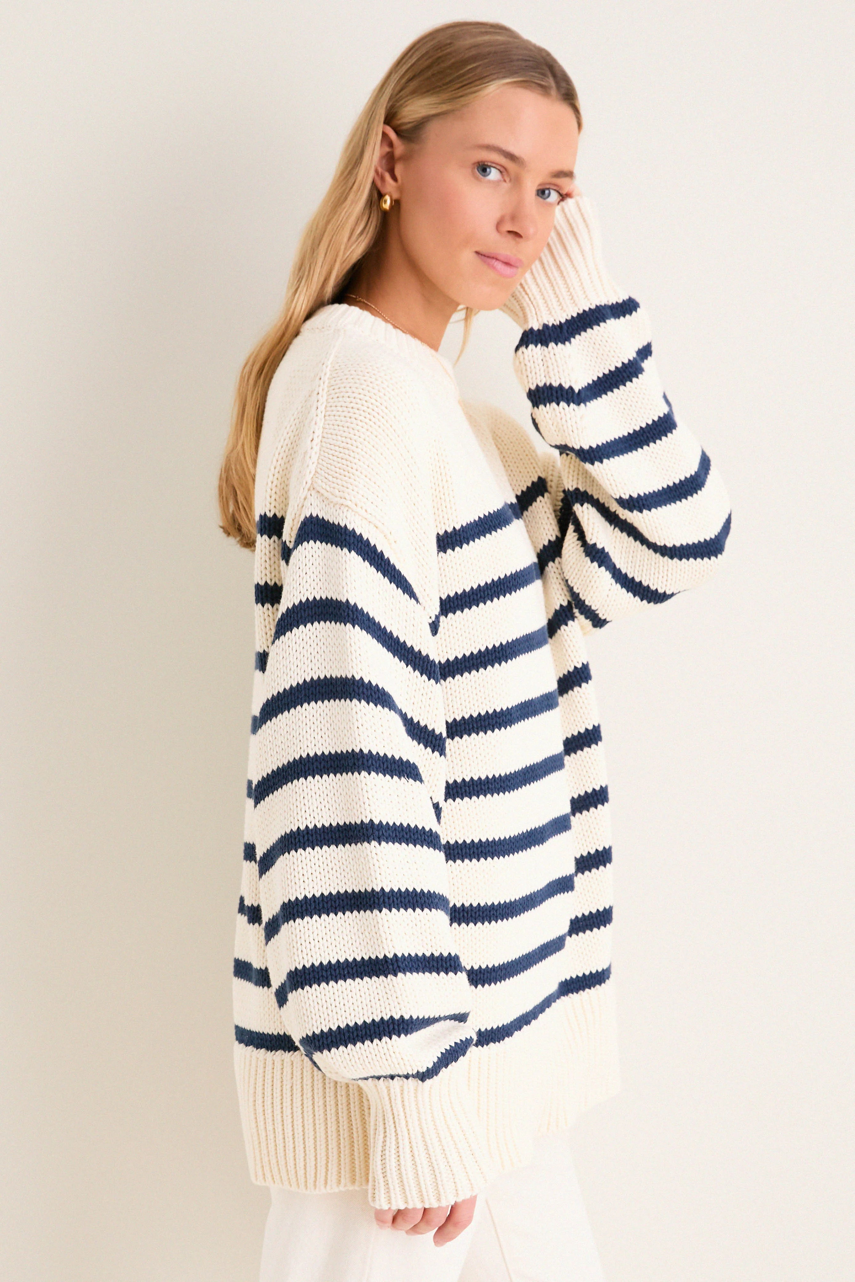 Ivory and Navy Stripe Cotton Genevieve Crewneck Sweater - Image 3