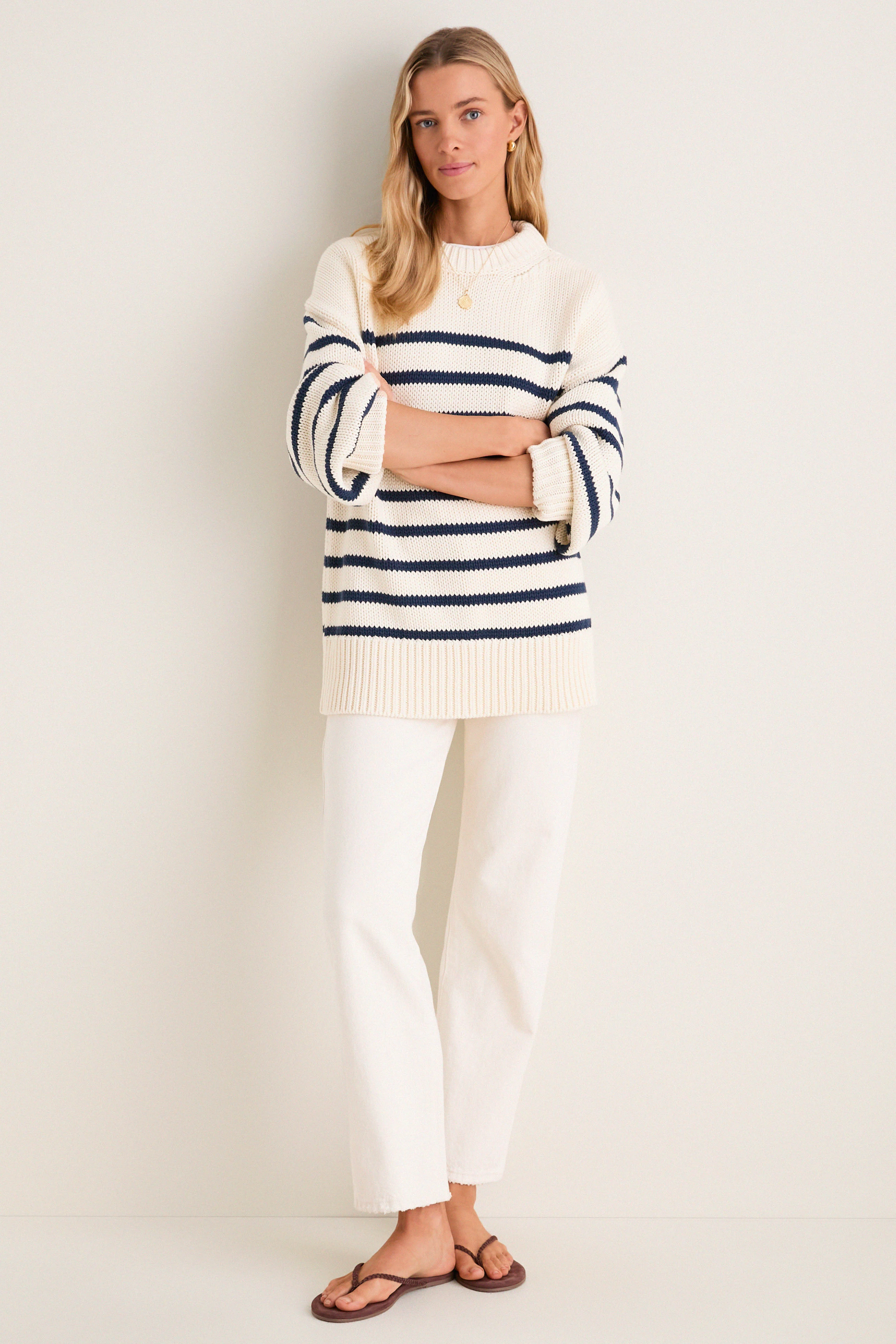Ivory and Navy Stripe Cotton Genevieve Crewneck Sweater - Image 6