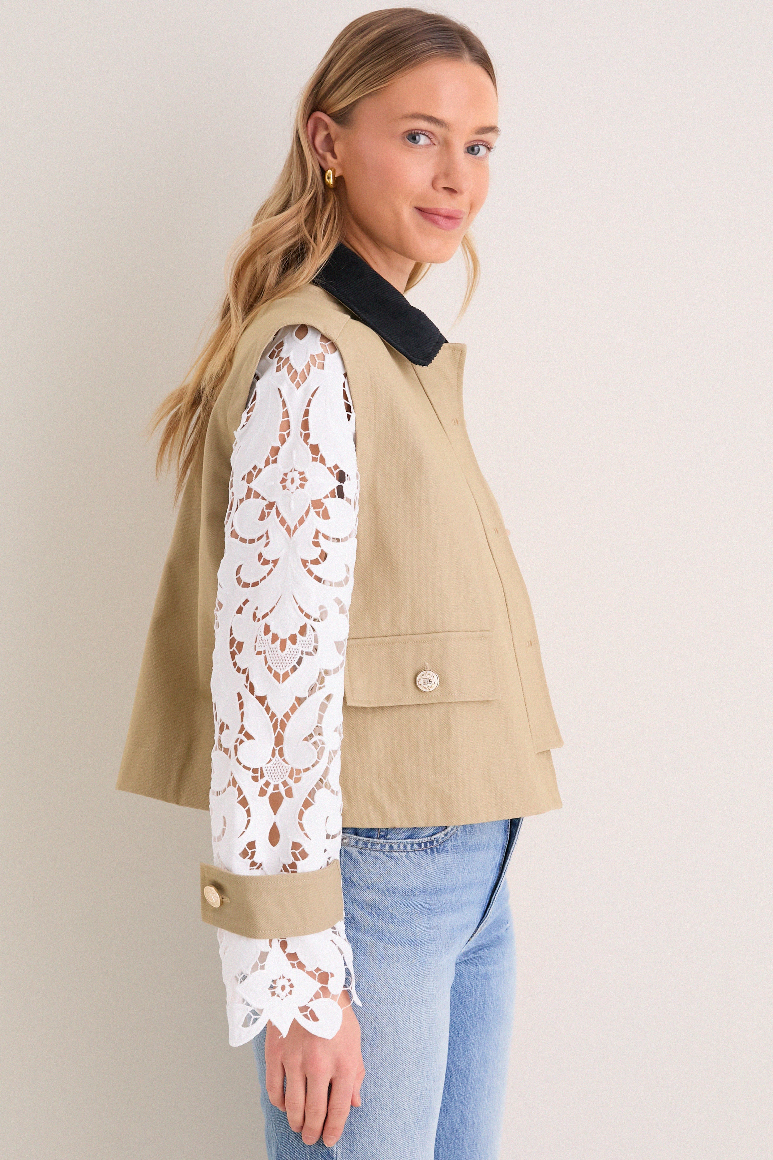 Khaki with Lace Sleeves Clarisse Jacket - Image 3