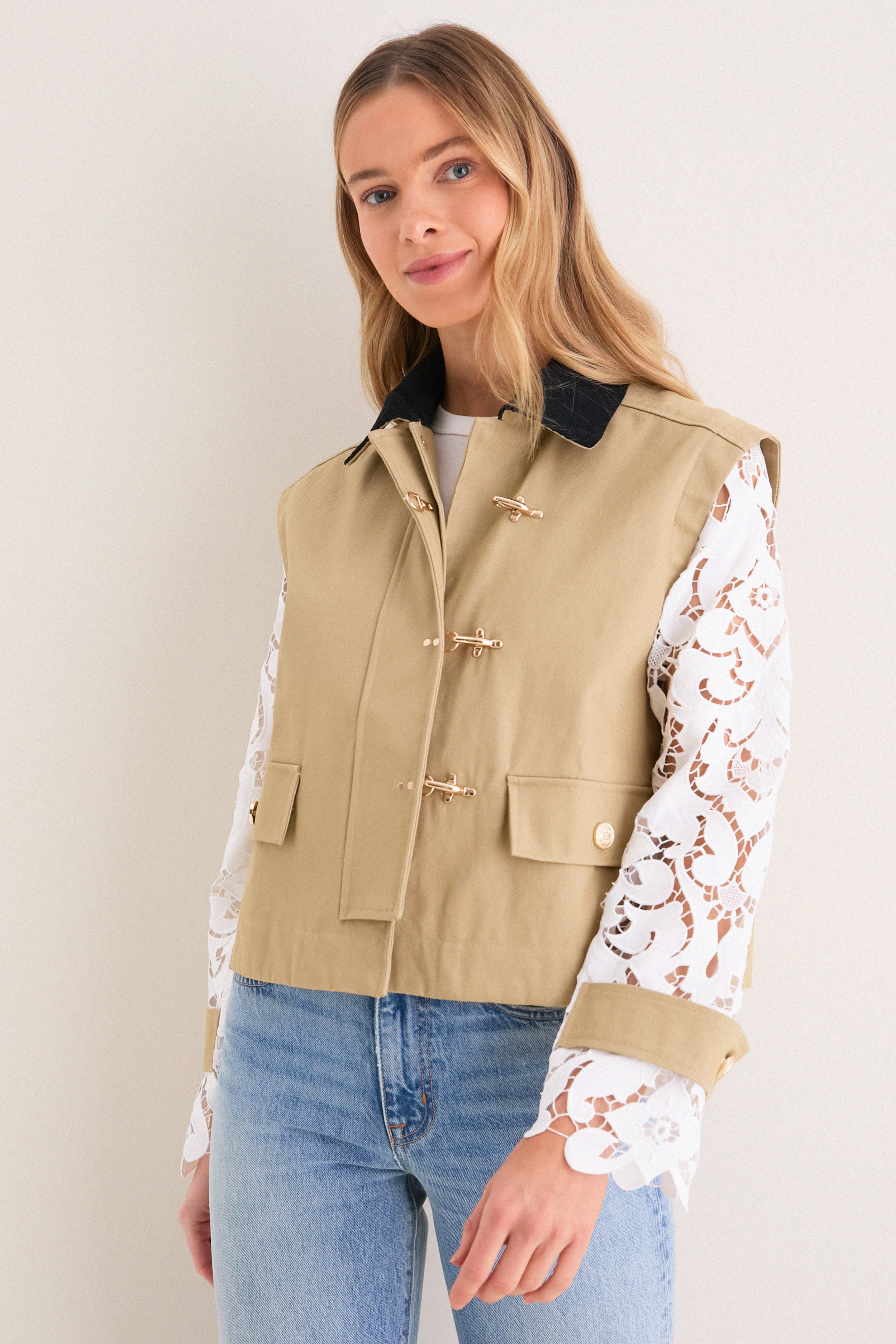 Khaki with Lace Sleeves Clarisse Jacket - Image 7