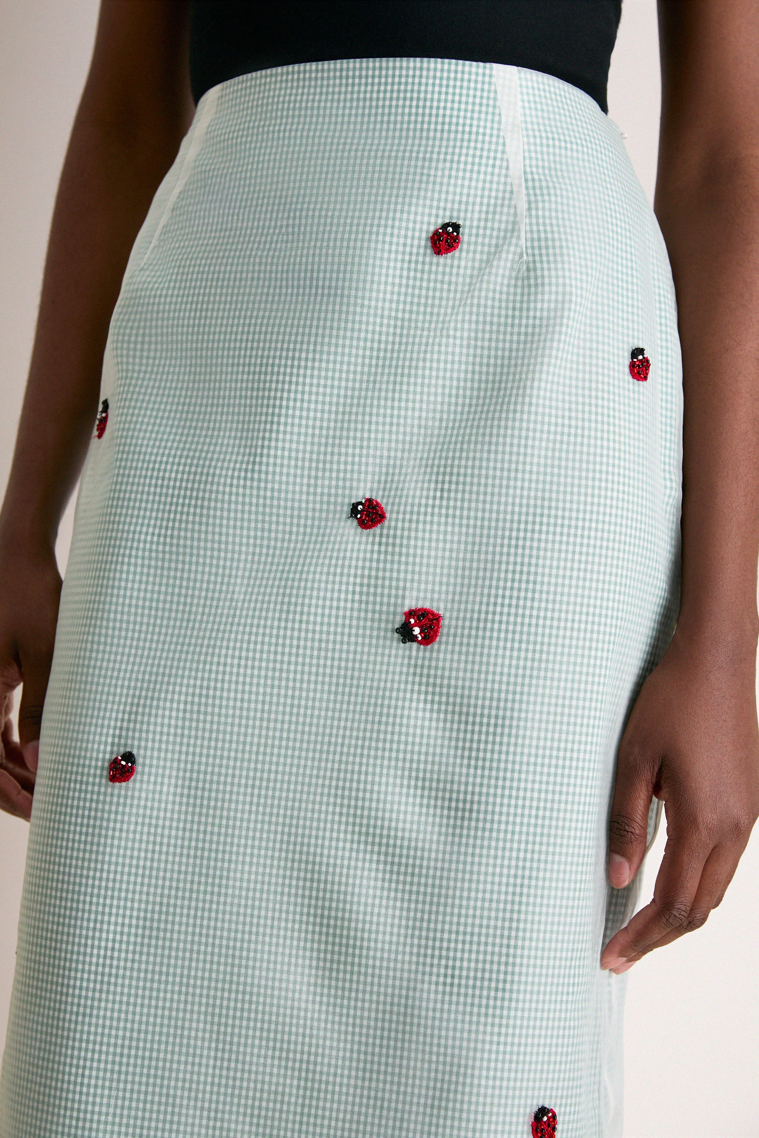 Lady Bug Embroidered Microvichy Green Roxane Skirt - Image 5