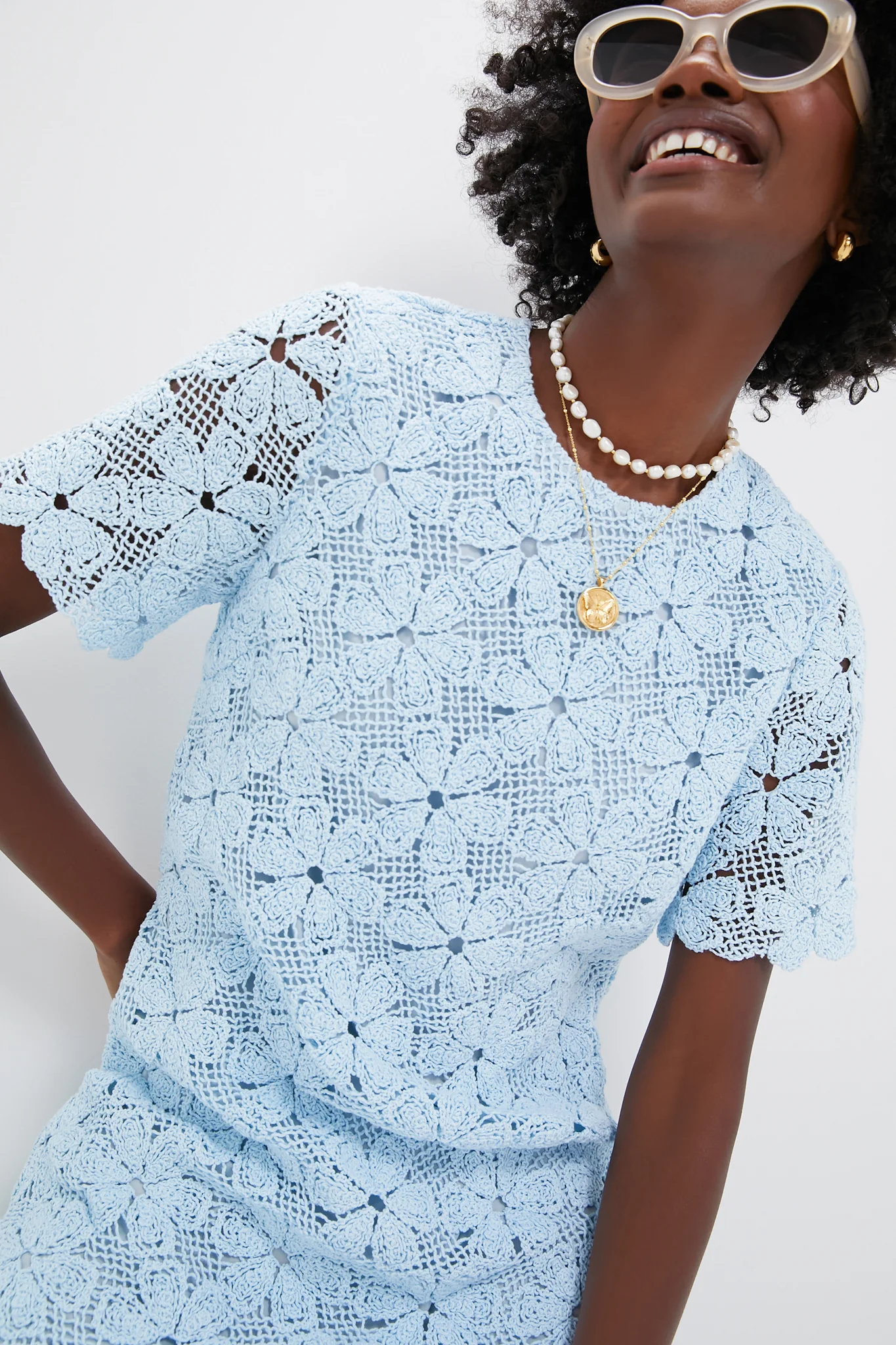 Light Blue Crochet Belclaire Dress - Image 5