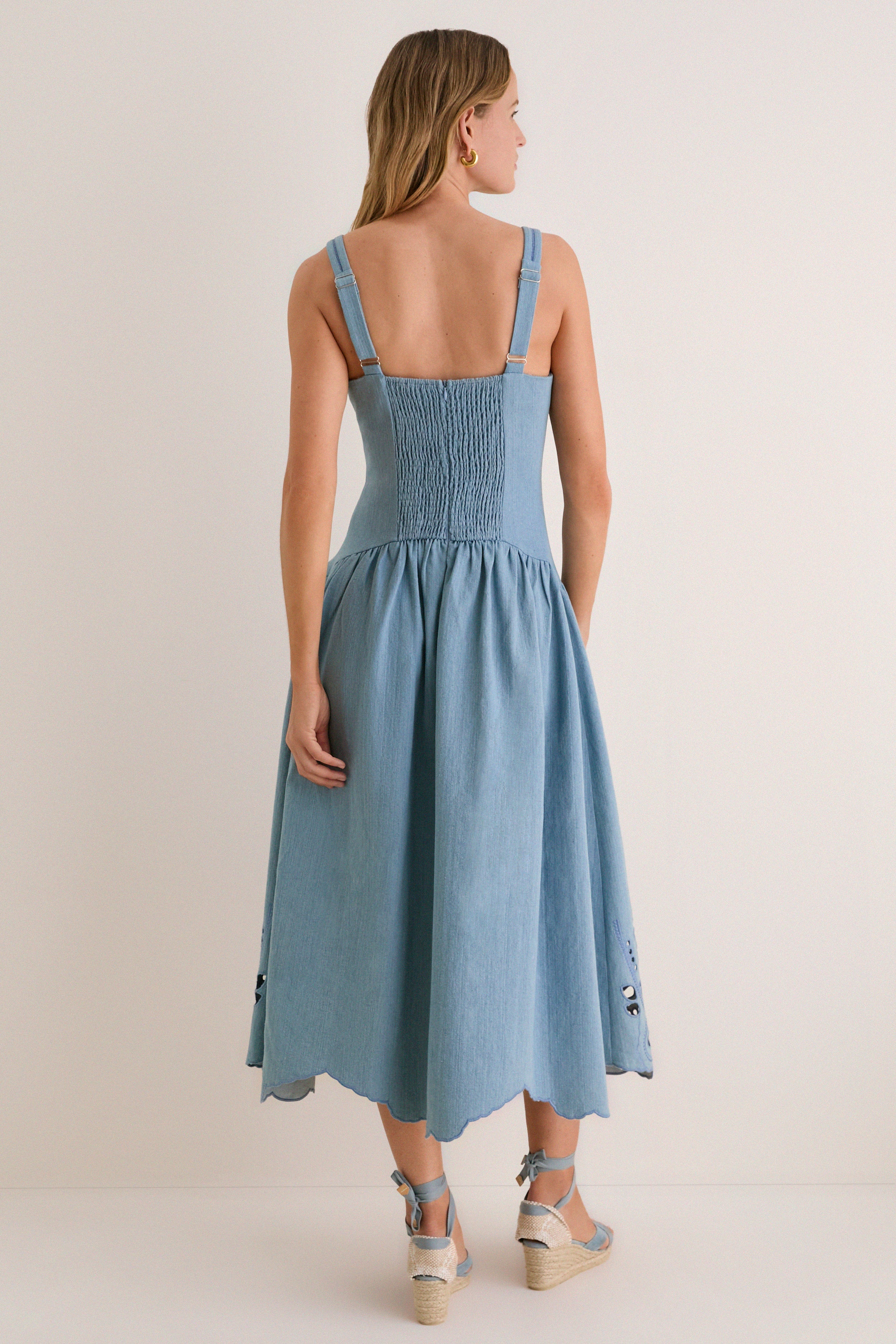 Light Blue V-Neck Eyelet Detail Midi Dress - Image 4