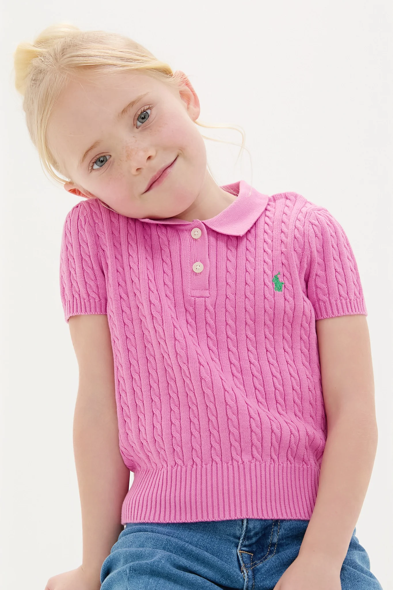 Little Girls Short Sleeved Combed Cotton Mini Cable Knit Polo