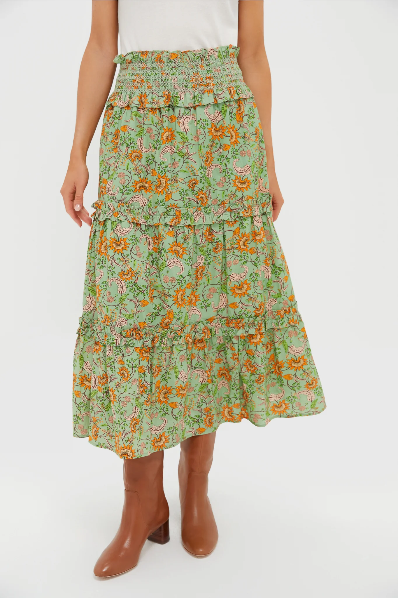 Mint & Orange Floral Smocked Odette Midi Skirt