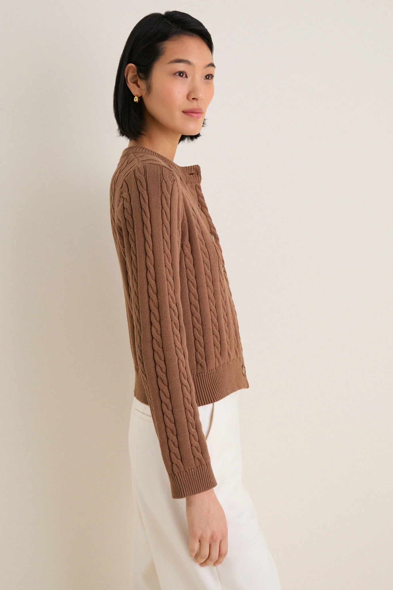 Mocha Cotton Cable Draper Cardigan - Image 4