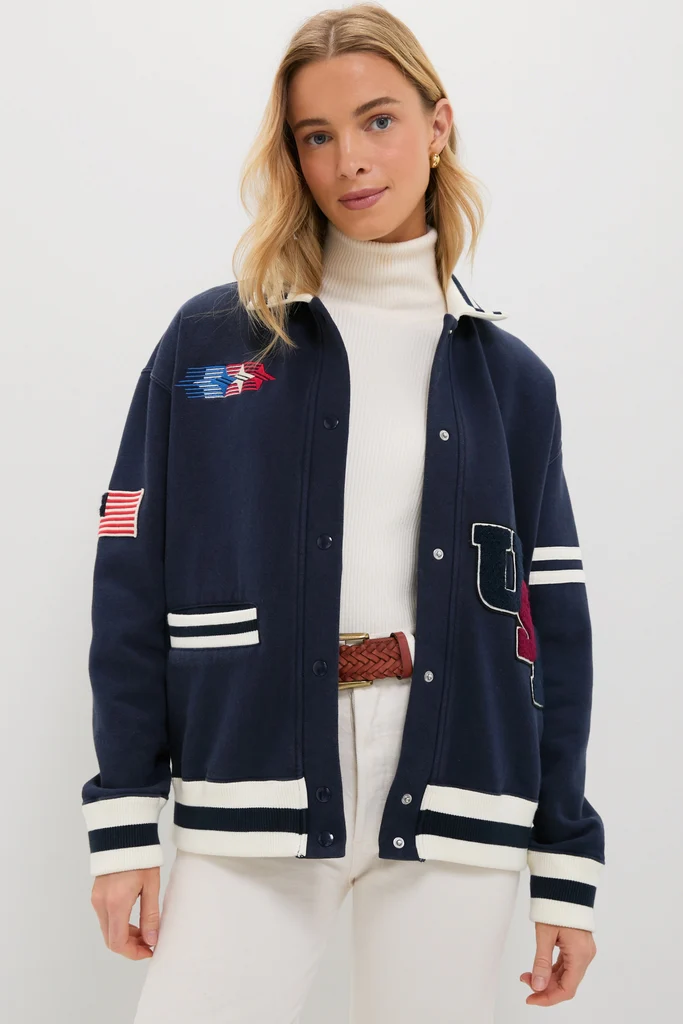 Navy Albright Fleece Varsity Jacket - Image 4
