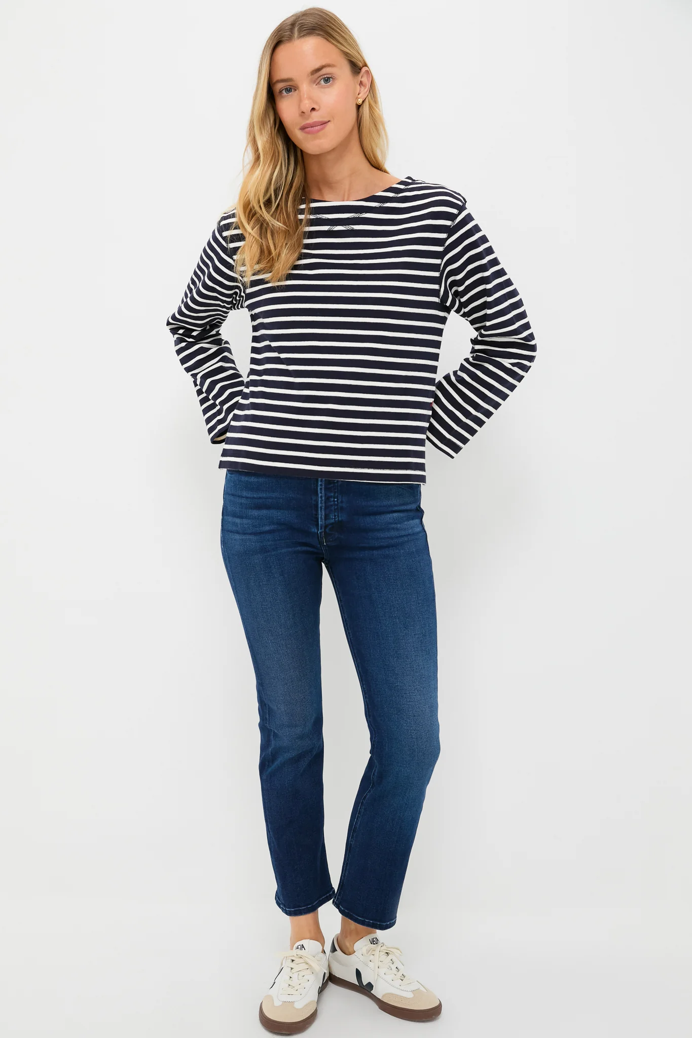 Navy and White Boat Neck Long Sleeve Shirt - Image 6