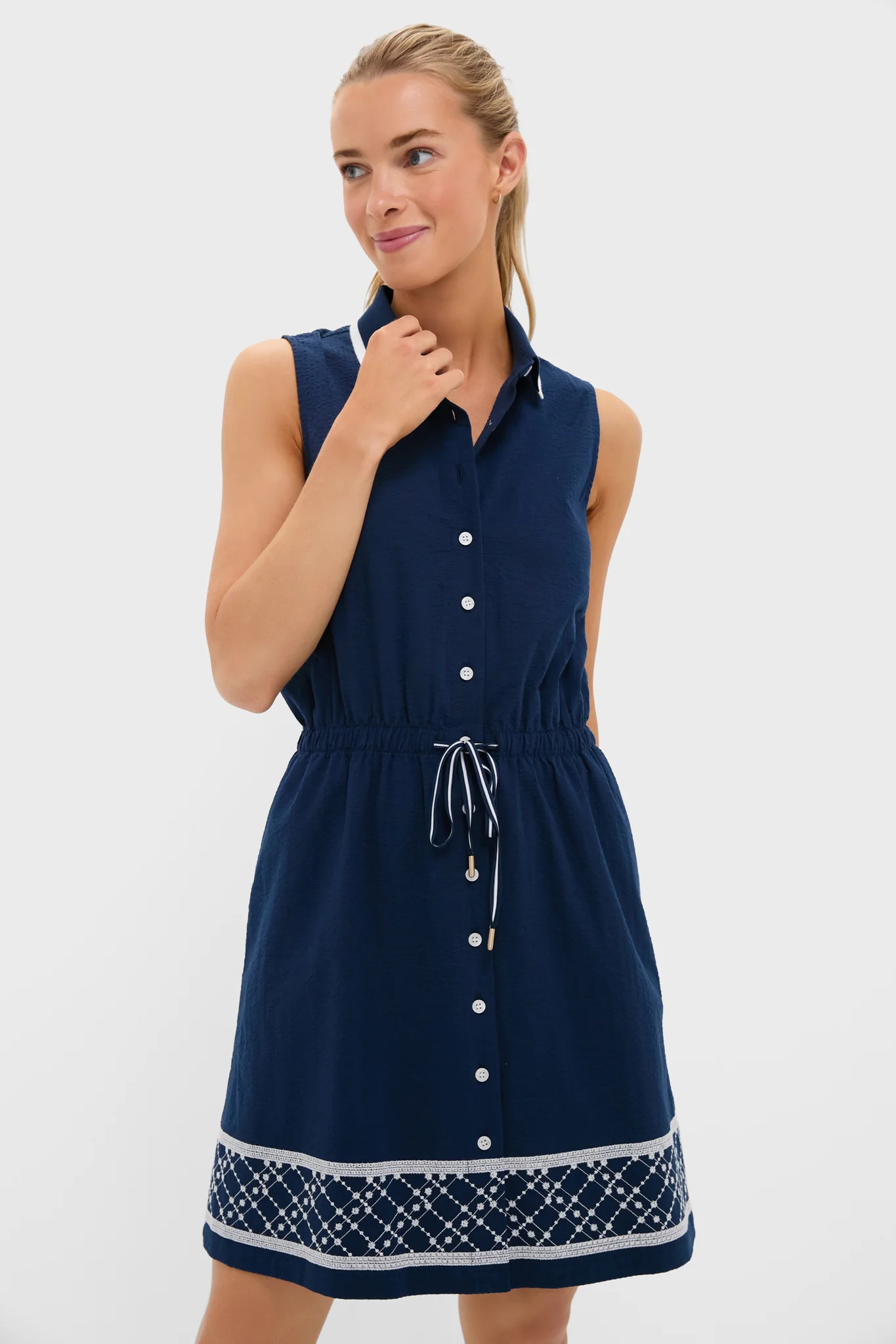 Navy and White Embroidered Sleeveless Performance Seersucker Alcott Golf Dress