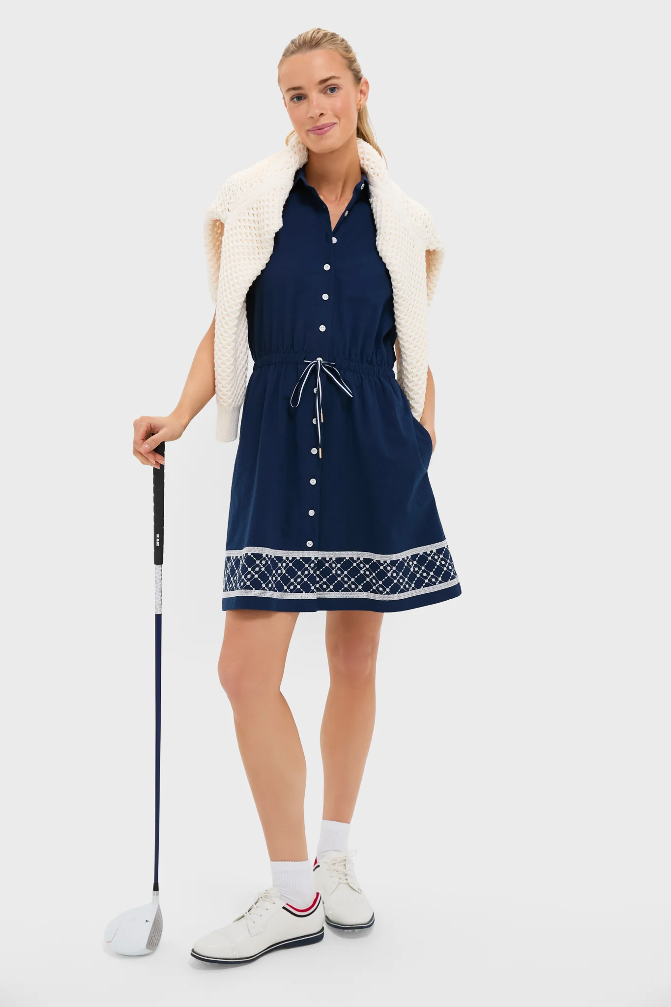 Navy and White Embroidered Sleeveless Performance Seersucker Alcott Golf Dress - Image 6