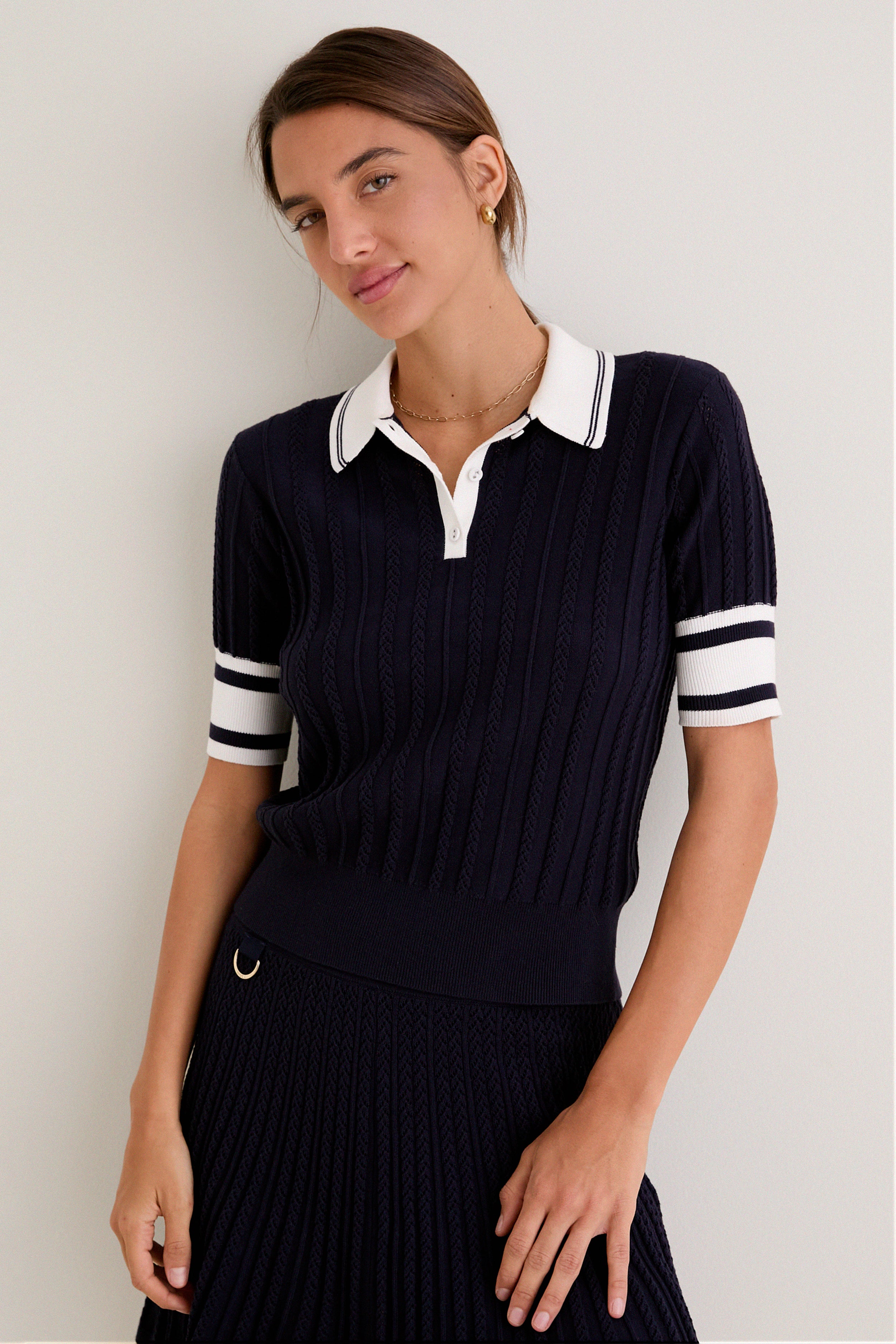 Navy and White Patty Pointelle Knit Sweater Polo - Image 7