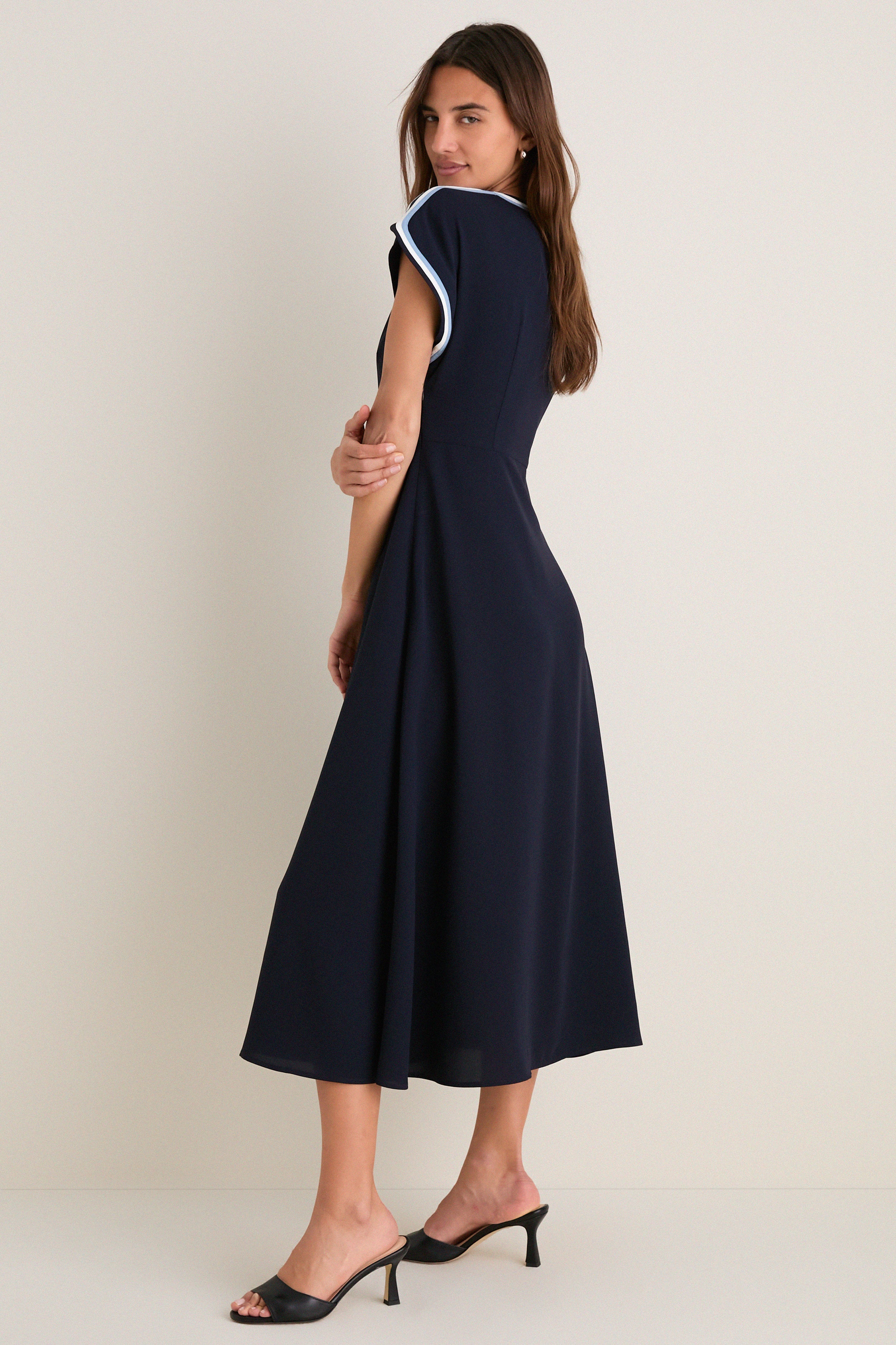 Navy Crepe Contrast Trim Sandrine Dress - Image 4