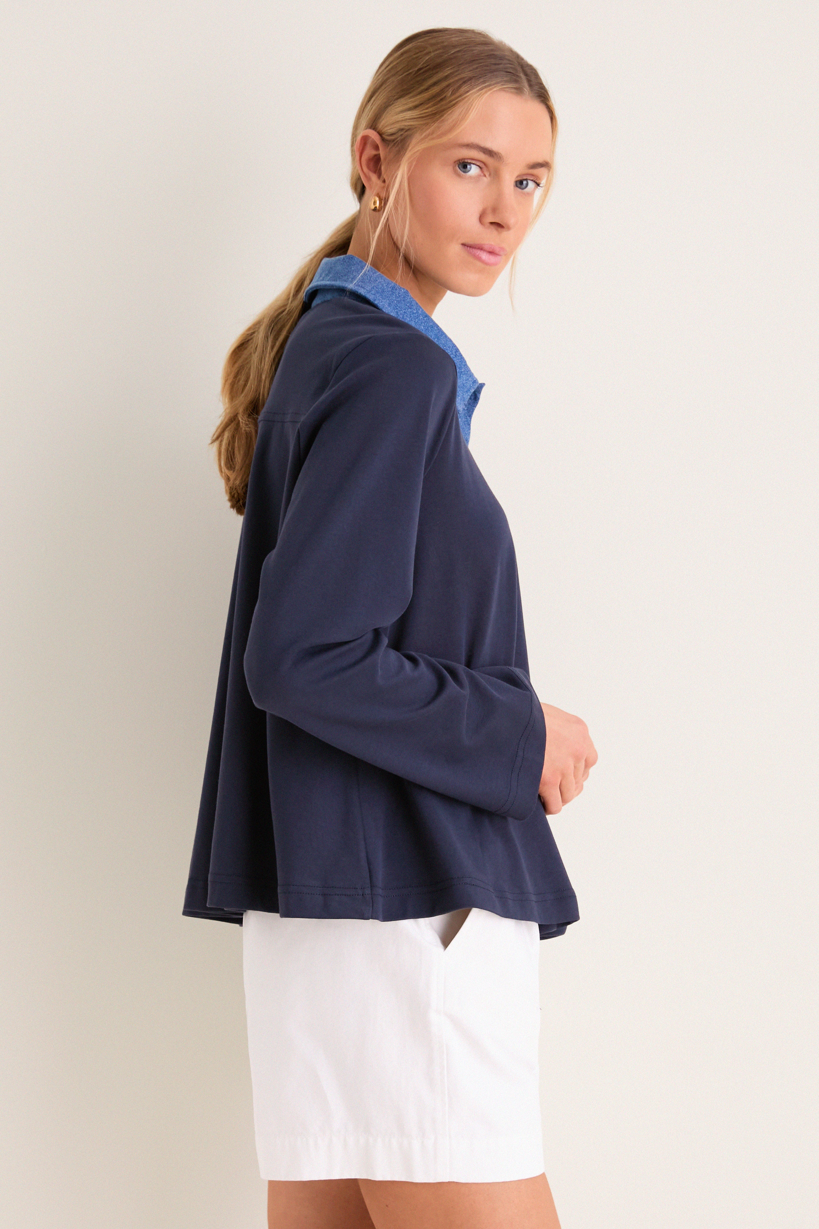Denim Collar Carlyn Long Sleeve Polo - Image 3