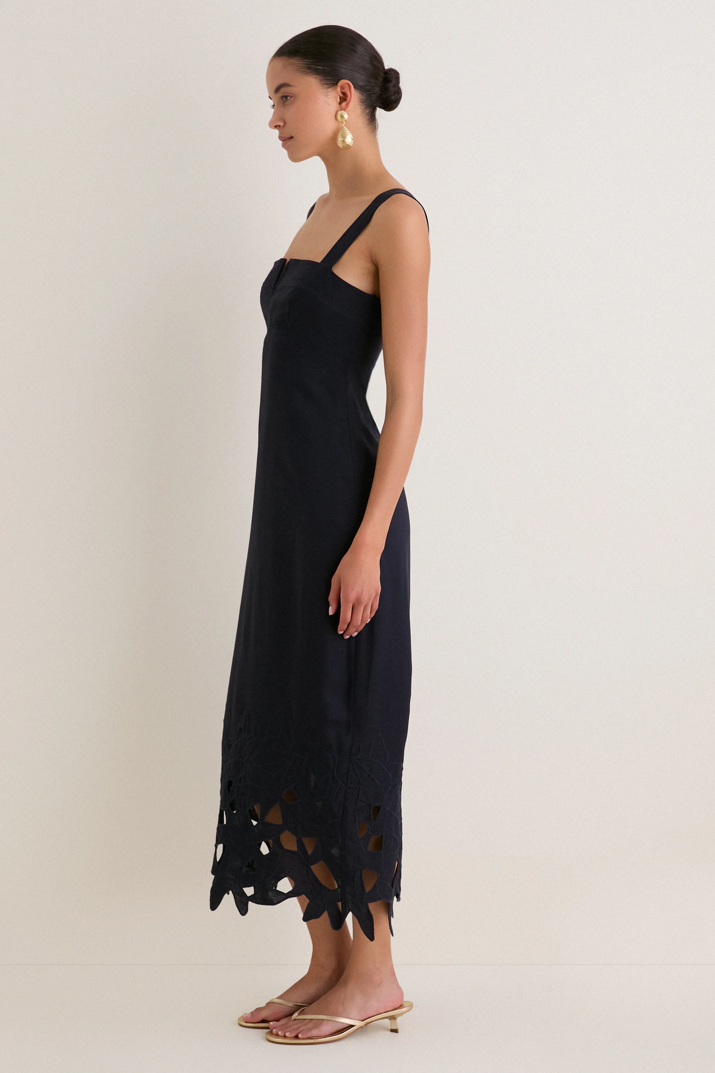 Navy Embroidered Linen Alma Midi Dress - Image 3