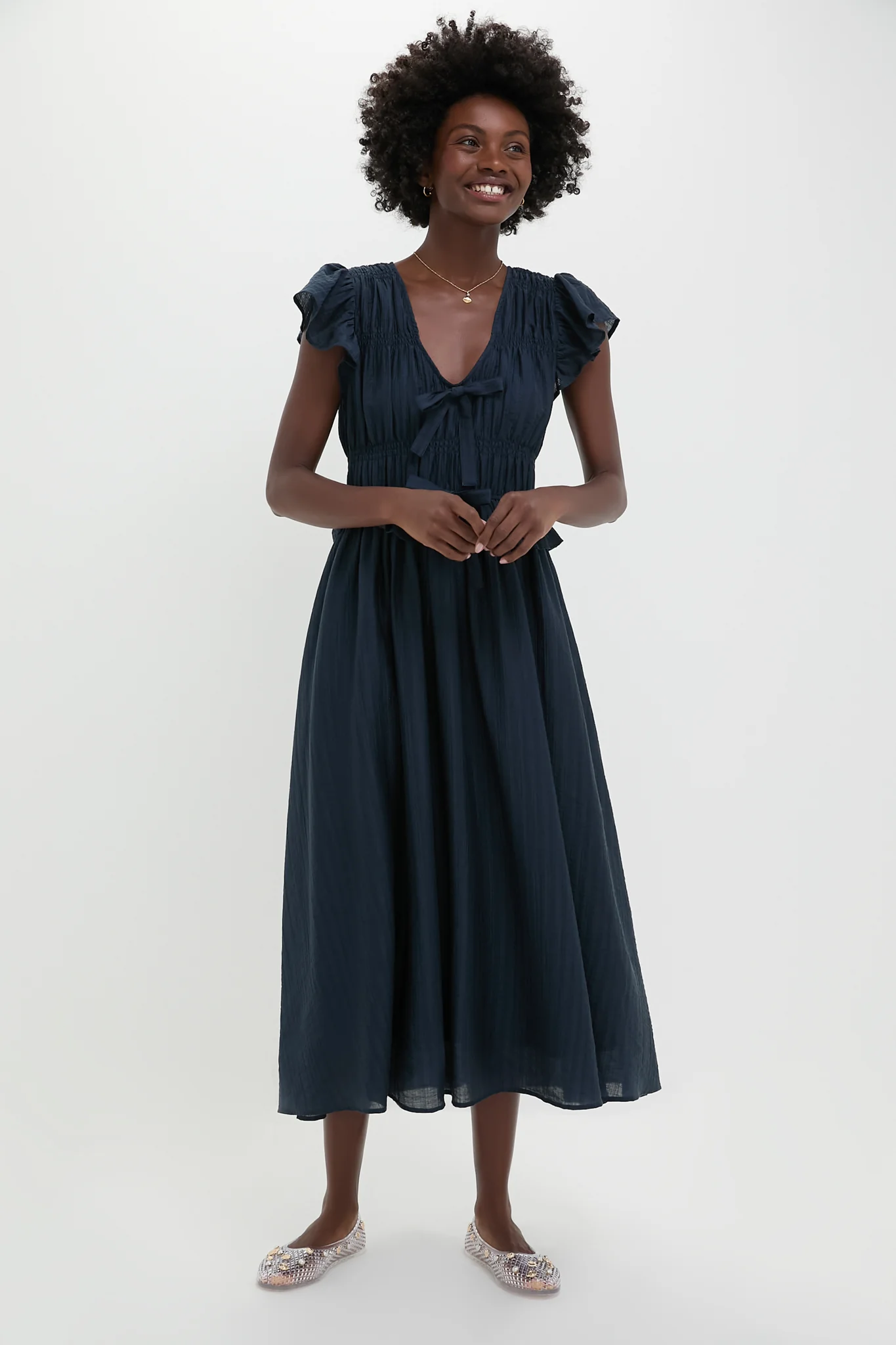 Navy Flutter Sleeve Tie Front Midi Dress