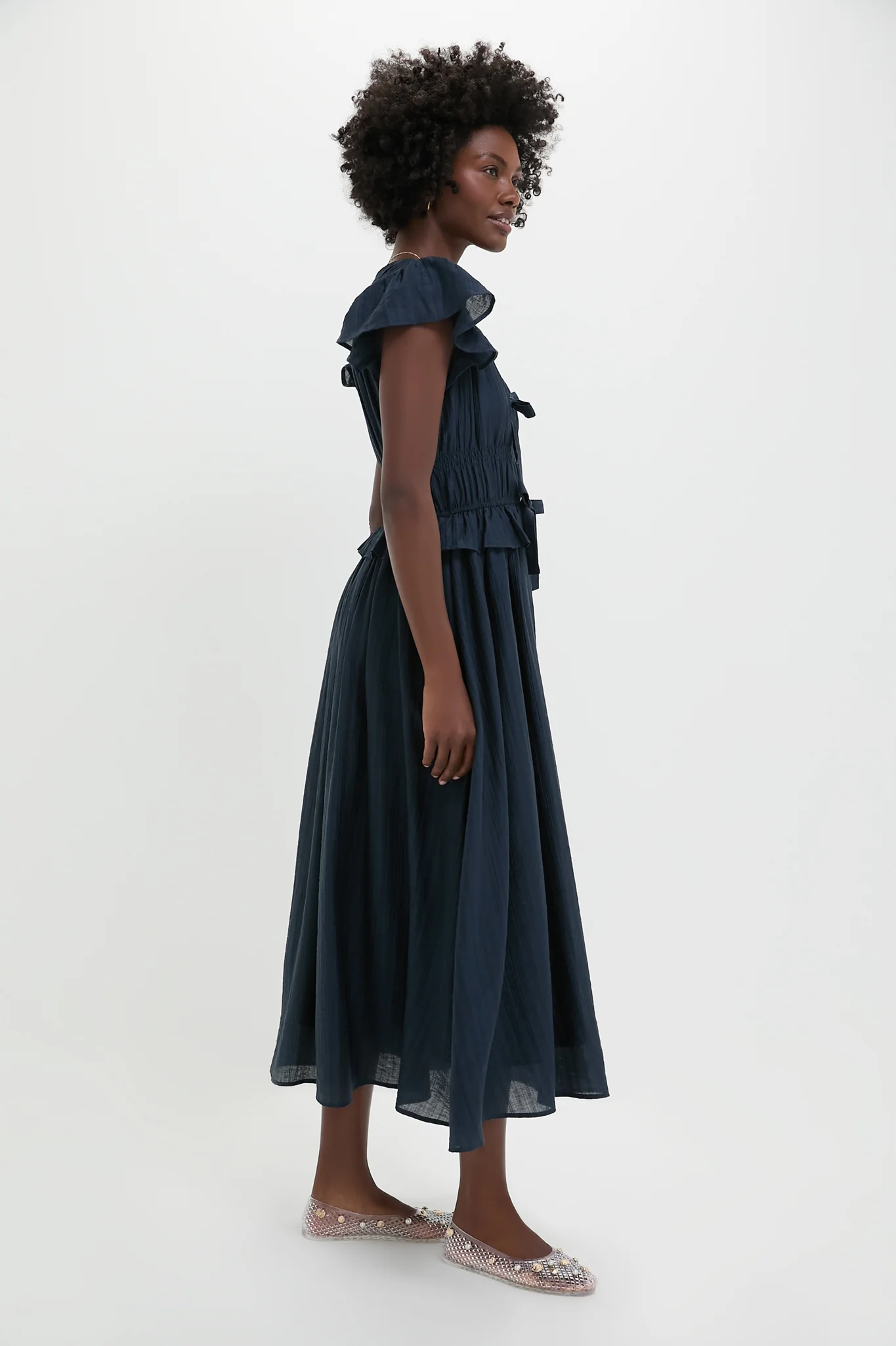 Navy Flutter Sleeve Tie Front Midi Dress - Image 3