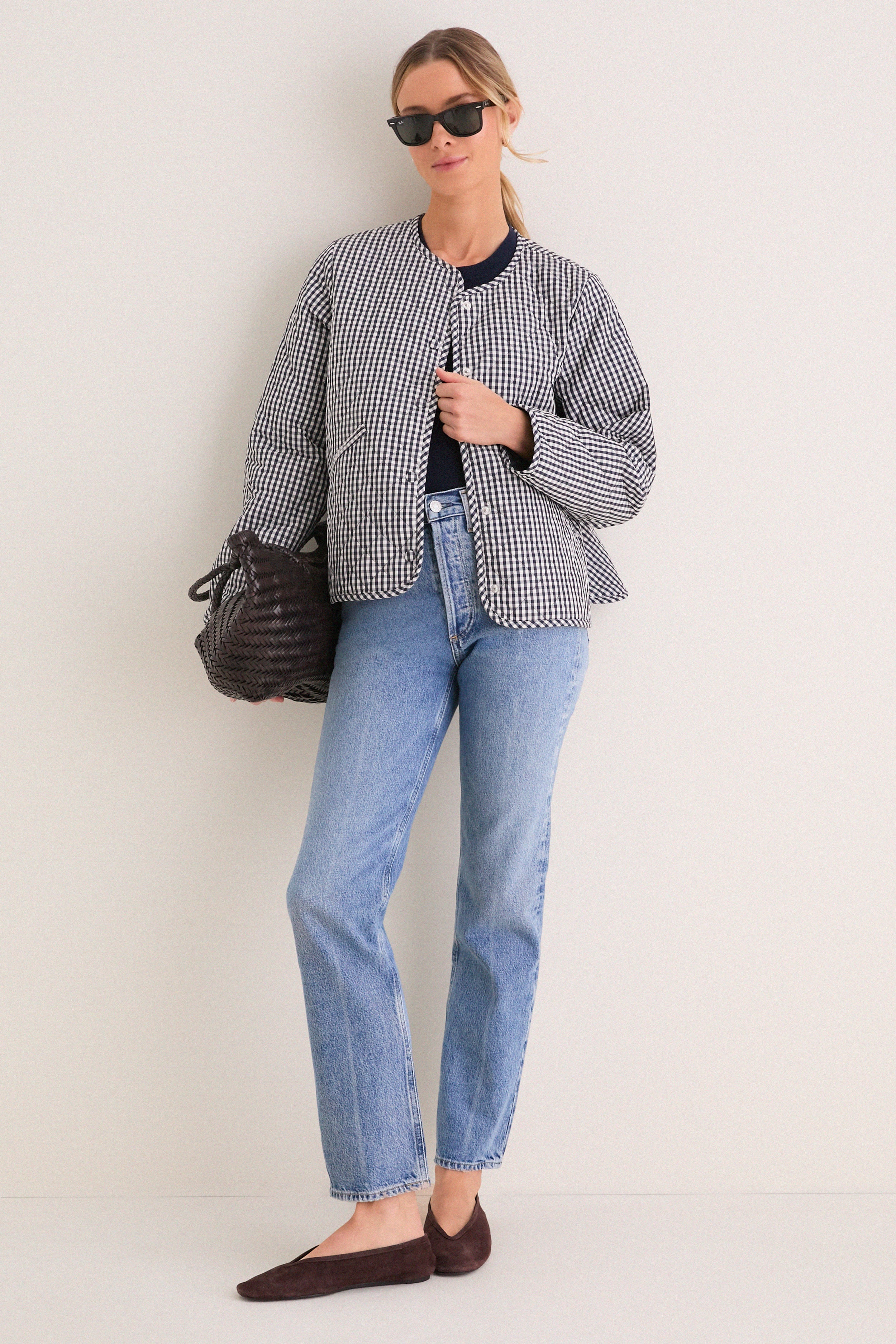 Navy Gingham Cashel Collarless Quilted Jacket - Image 2
