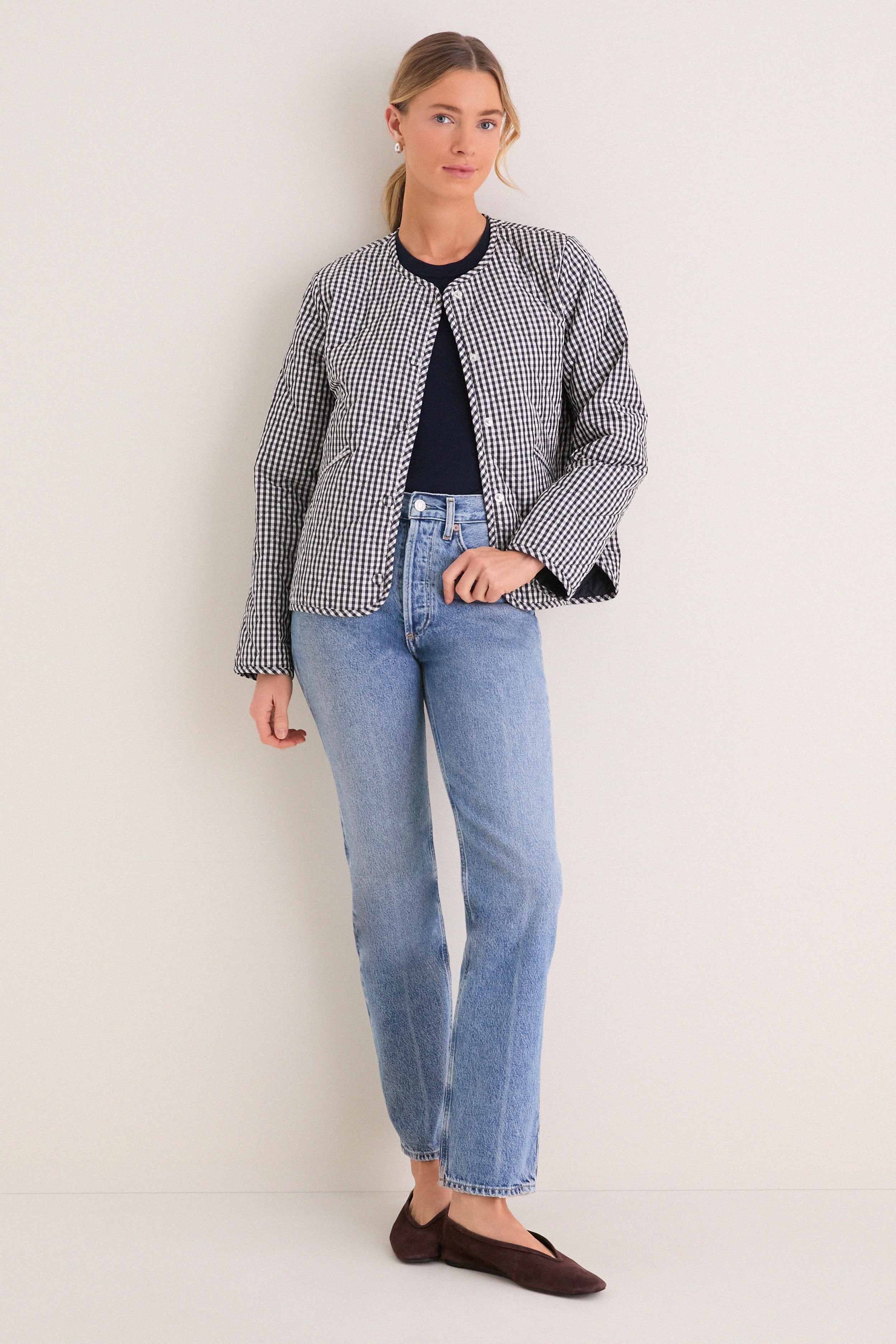 Navy Gingham Cashel Collarless Quilted Jacket - Image 6