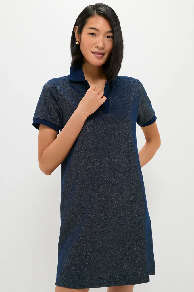 Navy Gold Lurex Pique Hutton Dress