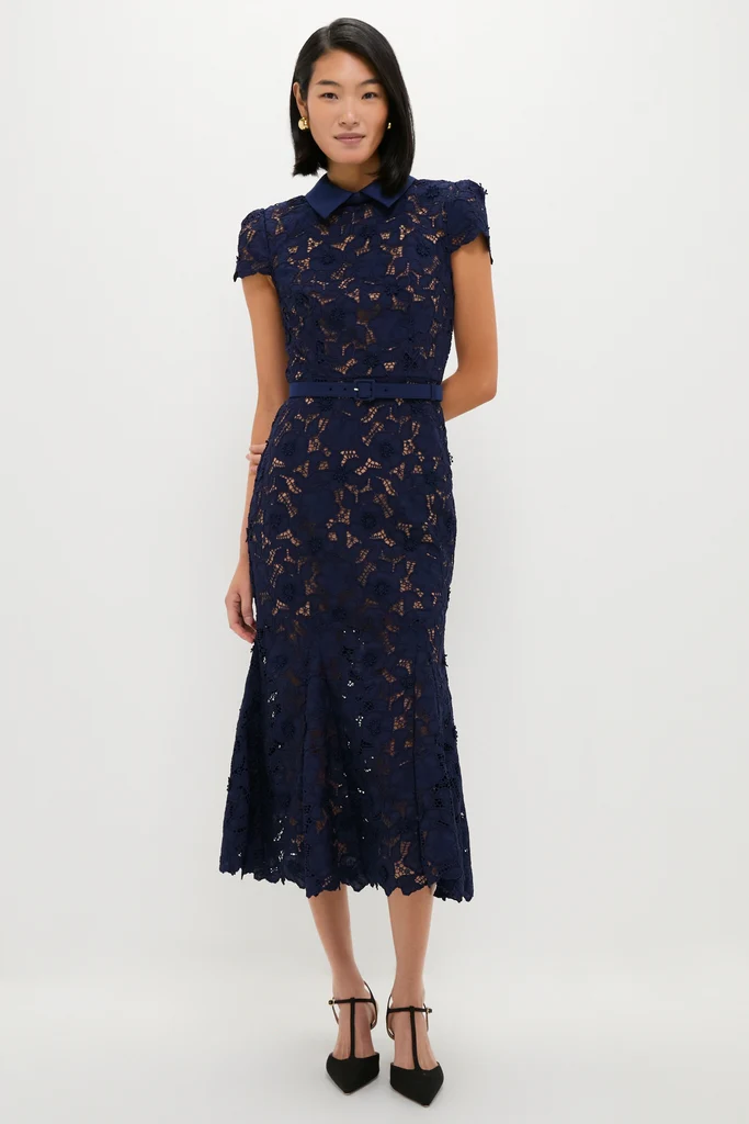 Navy Guipure Lace Midi Dress