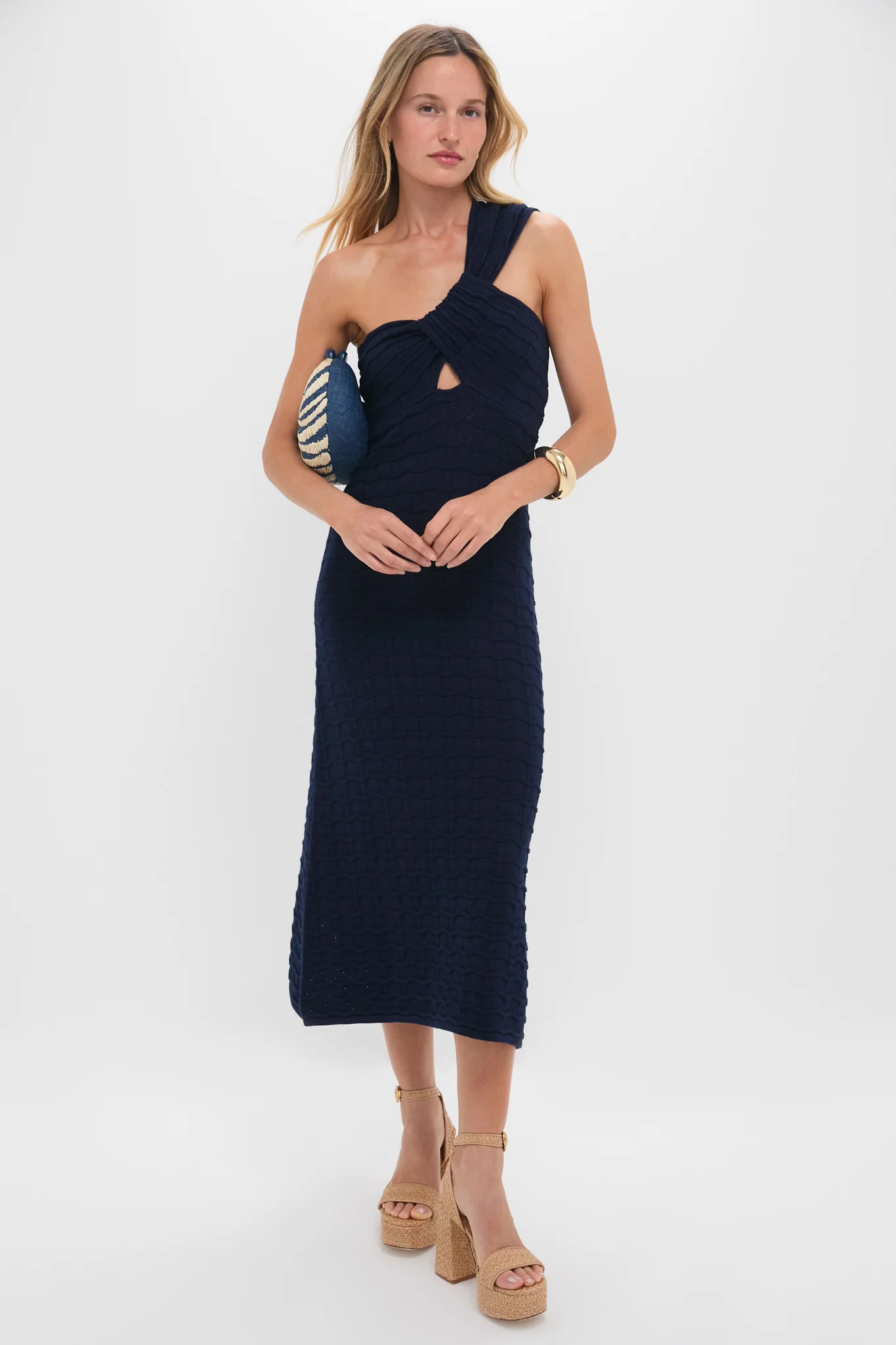 Navy Knit One Shoulder Nicole Midi Dress - Image 2