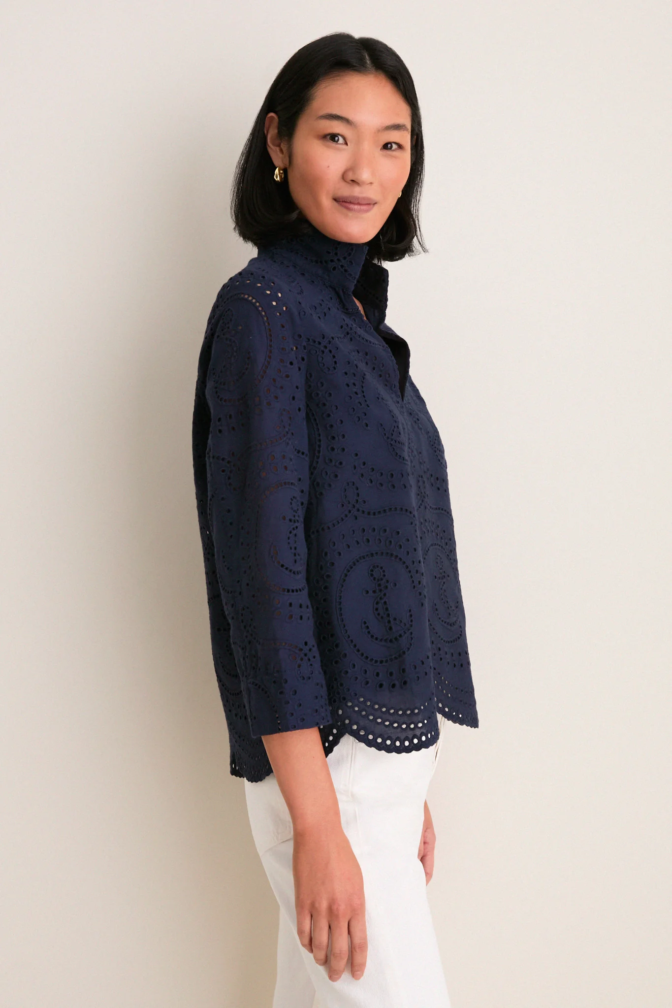 Navy Nautical Eyelet Margot Stand Collar Blouse - Image 3