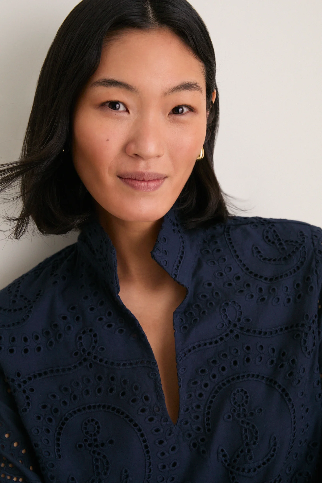 Navy Nautical Eyelet Margot Stand Collar Blouse - Image 5