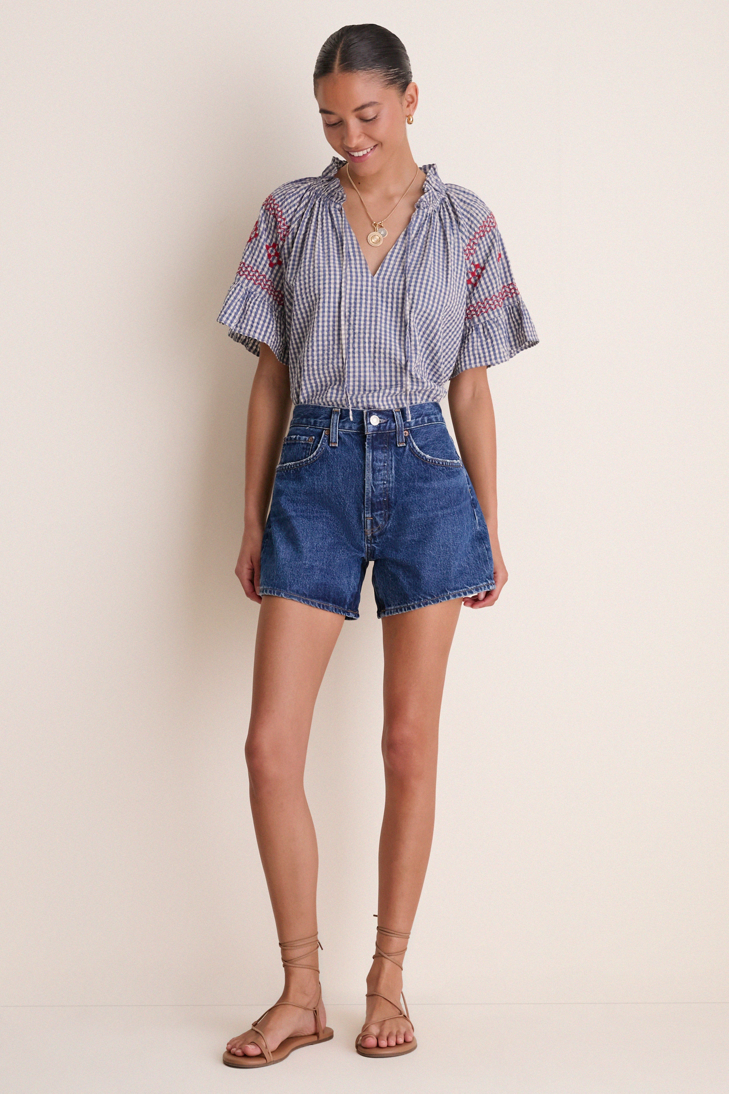 Navy Prism Embroidered Gingham Cassis Top - Image 7