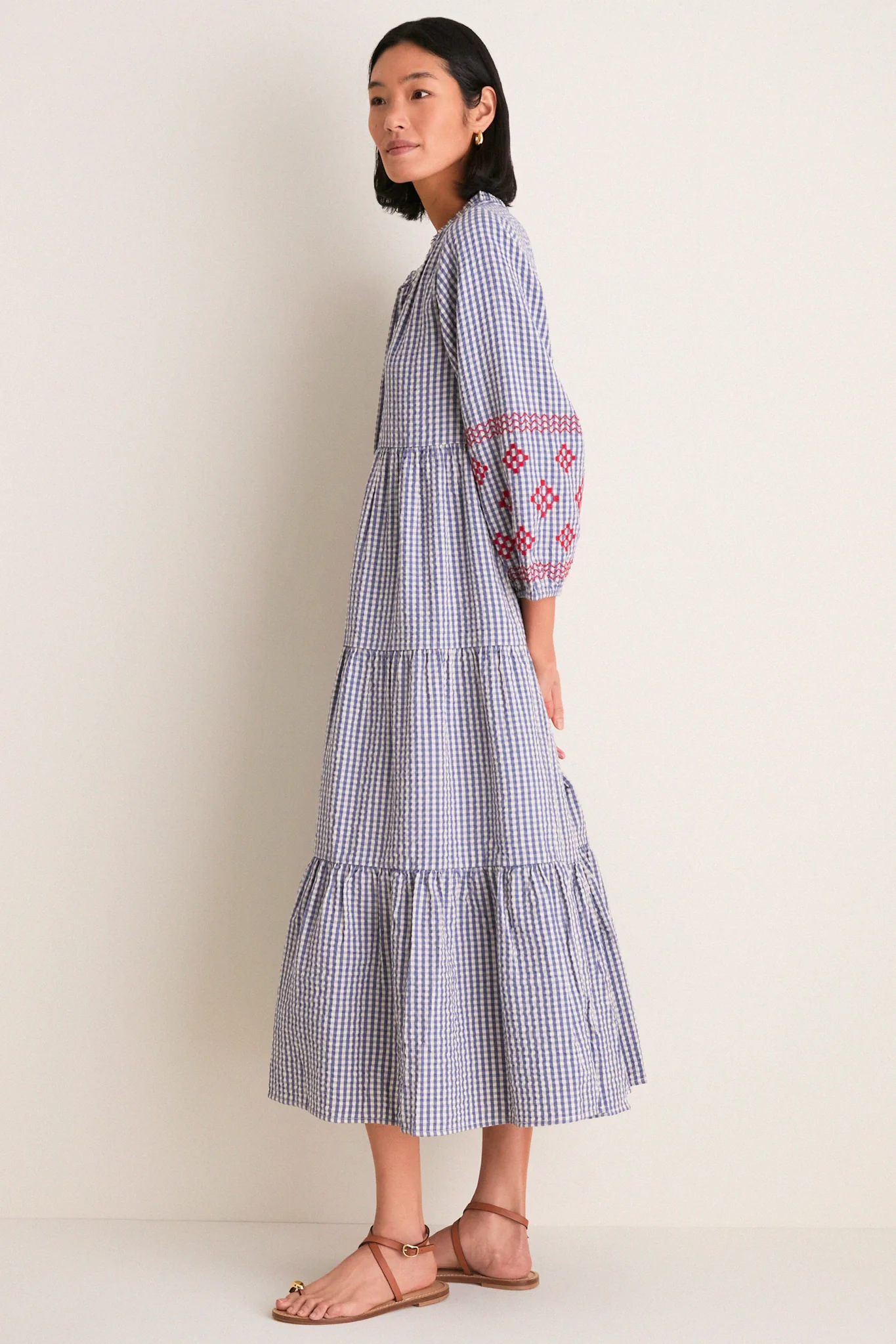 Navy Prism Embroidered Gingham Long Sleeve Salty Paloma Caftan - Image 3