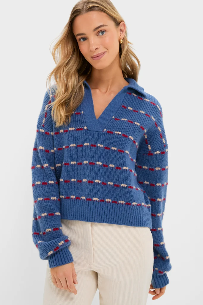 Navy Striped Jansen V-Neck Polo Sweater - Image 4