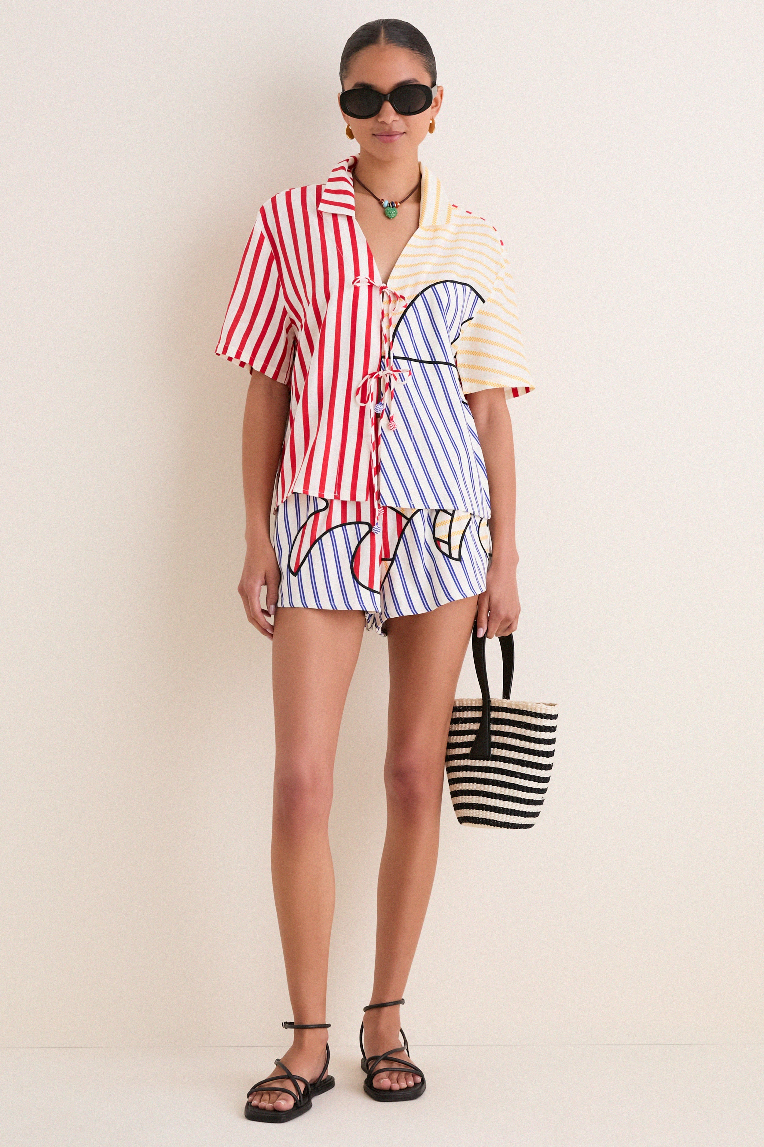 Navy Stripes Off-White Tie Front Blouse - Image 2
