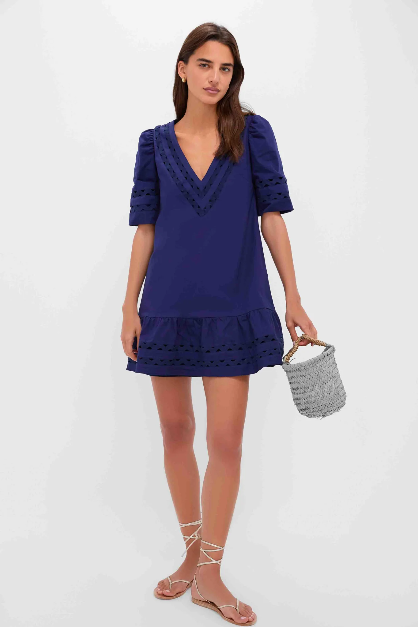 Navy V-Neck Puff Sleeve Mini Dress - Image 2