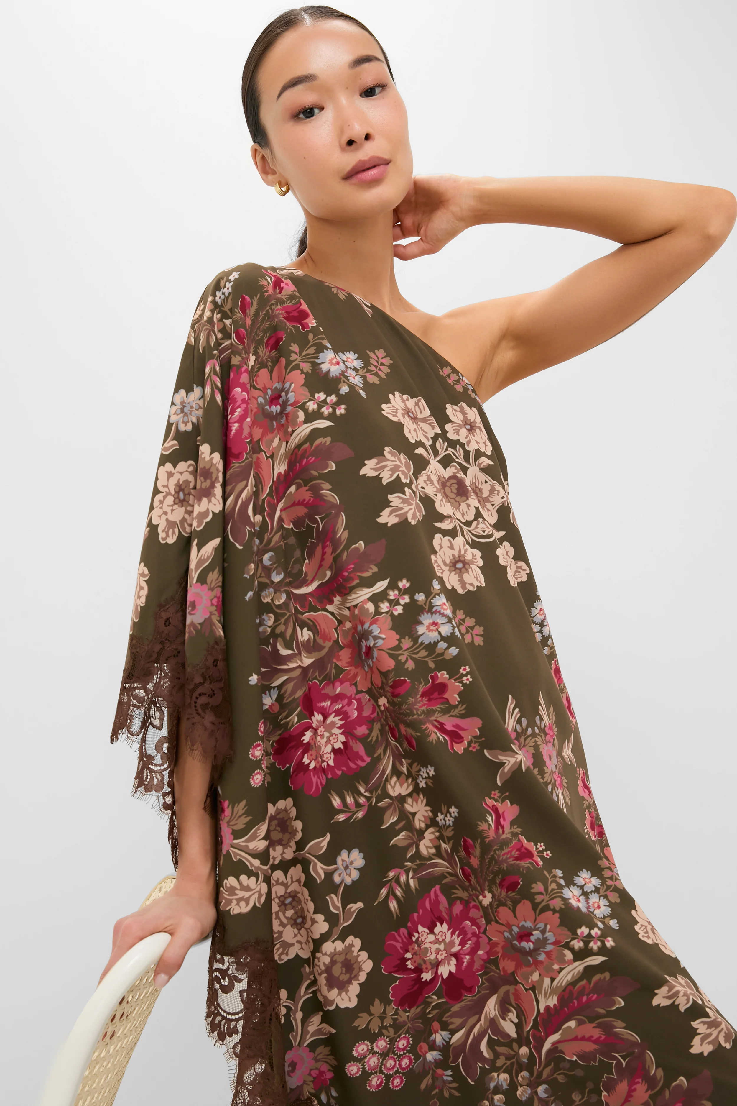 Olive Ornate Lace Floral One Shoulder Isla Dress - Image 2