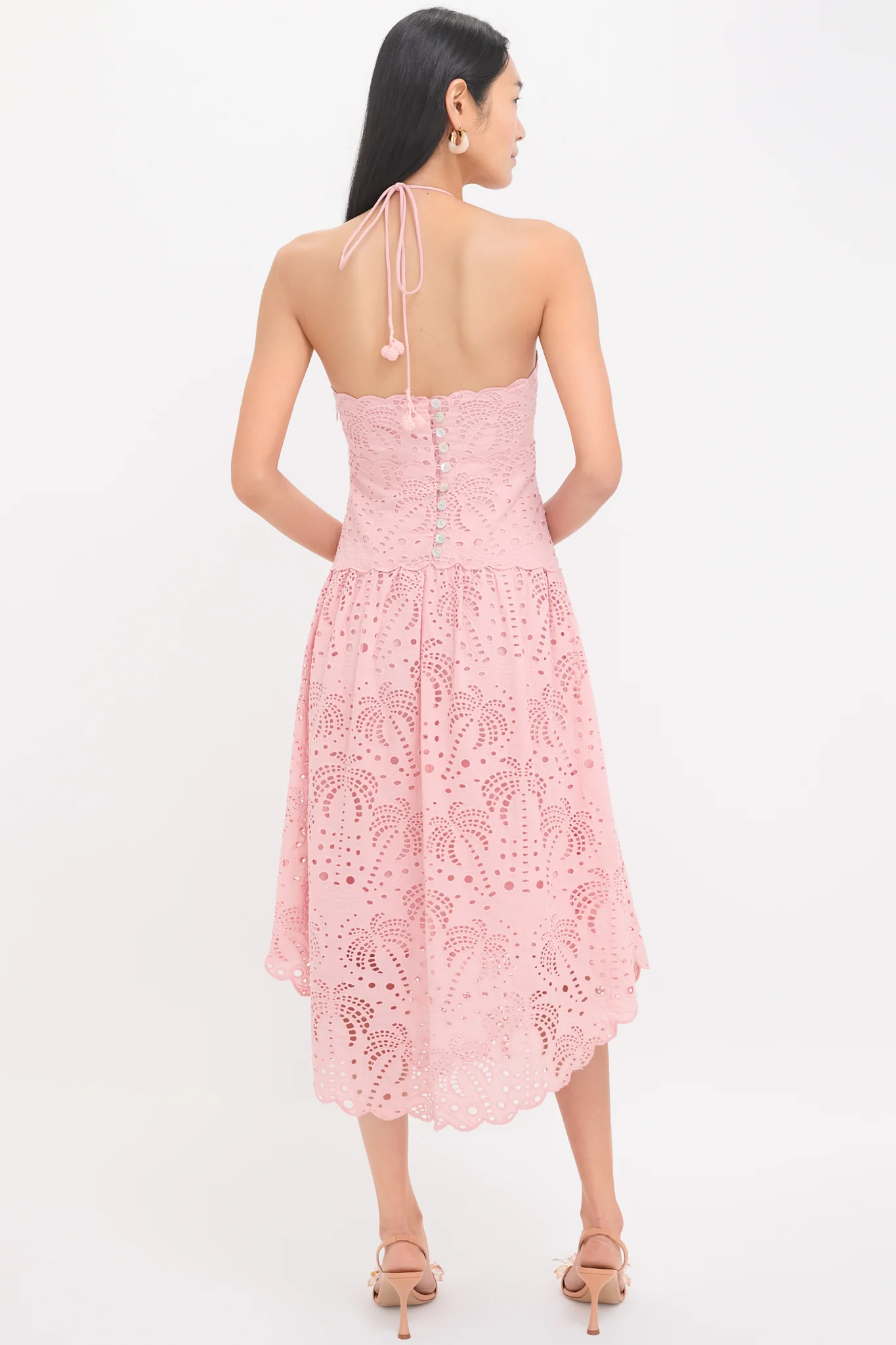 Palm Tree Eyelet Blush Pink Sleeveless Midi Dress - Image 4