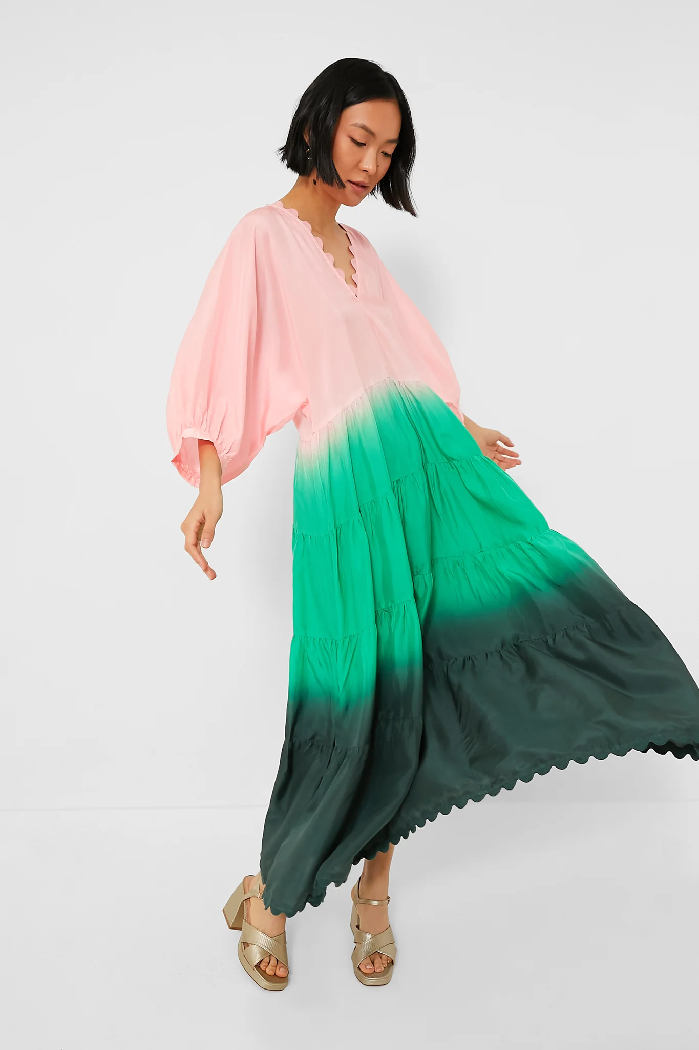 Peach and Emerald Bottle Green Ombre V-Neck Loose Maxi Dress with Ric Rac Trim - Image 2