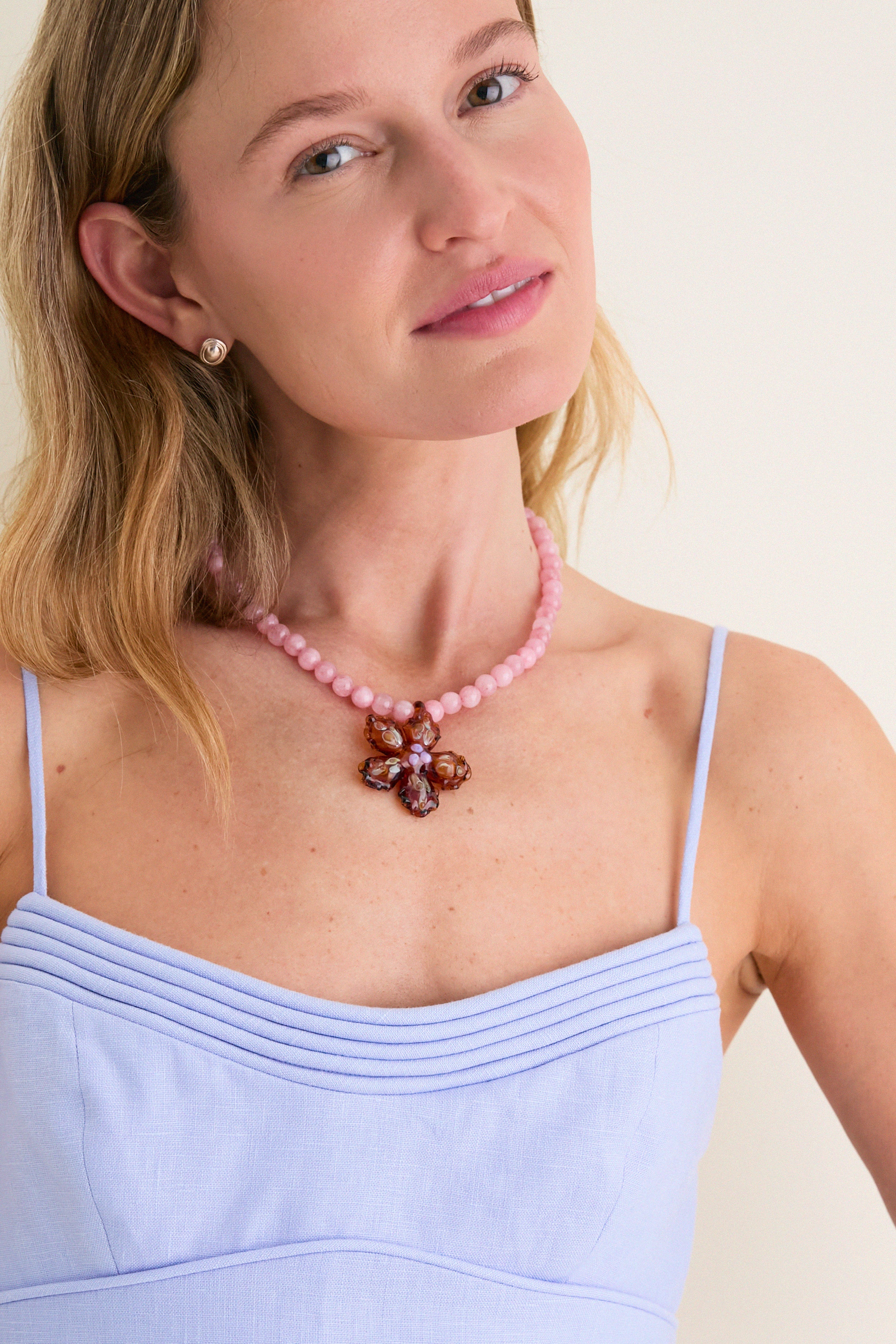 Pink and Amber Glass Betta Pendant Necklace - Image 2
