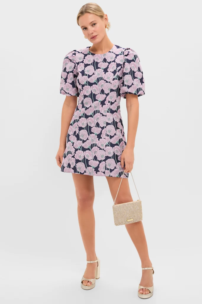 Pink & Navy Floral Jacquard Minetta Mini Dress - Image 2